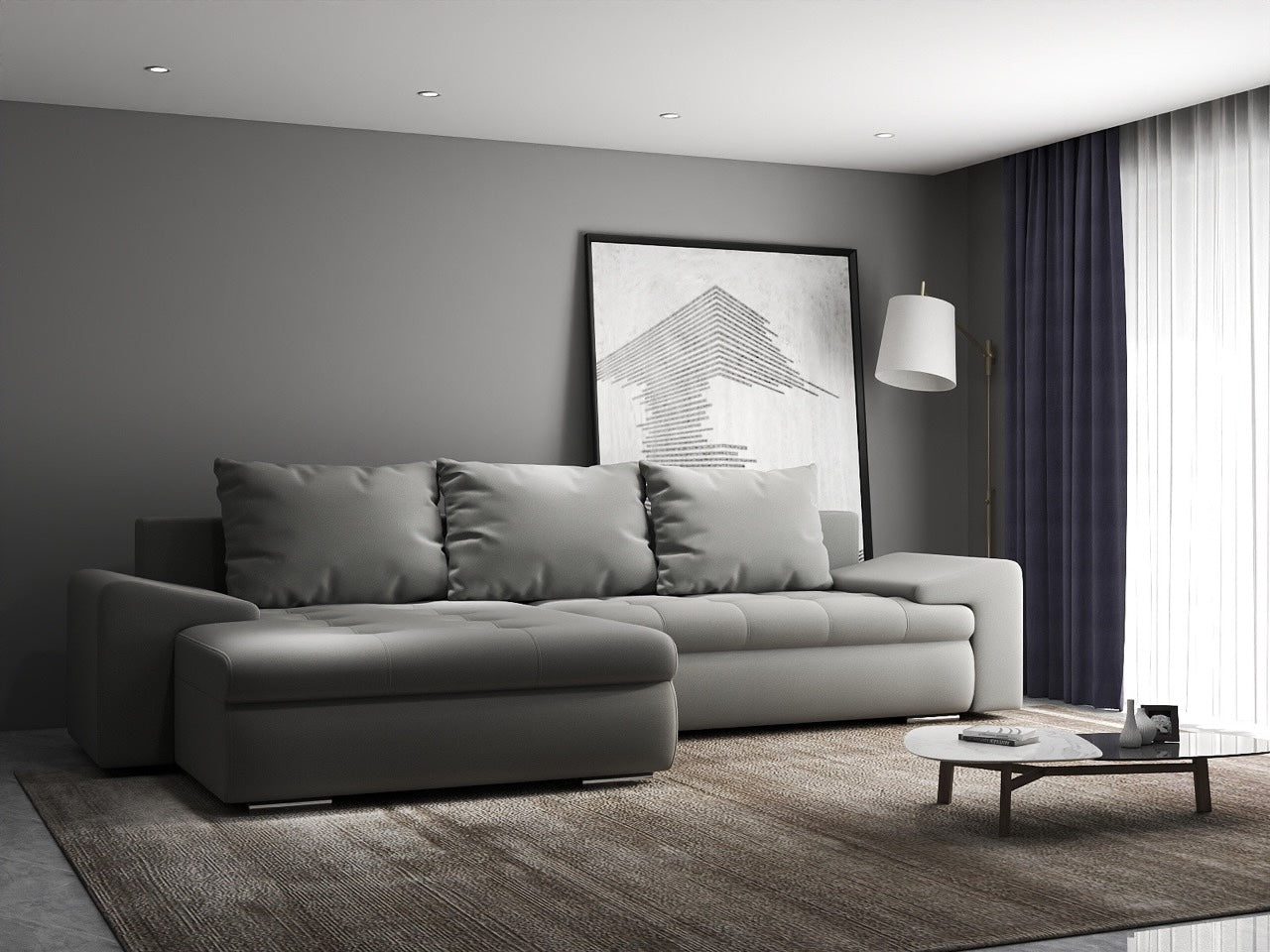 Colțar extensibil dumonde cu ladă de depozitare si sezut confortabil din spuma high-density, Leonardo Royal Gri 260x185 cm