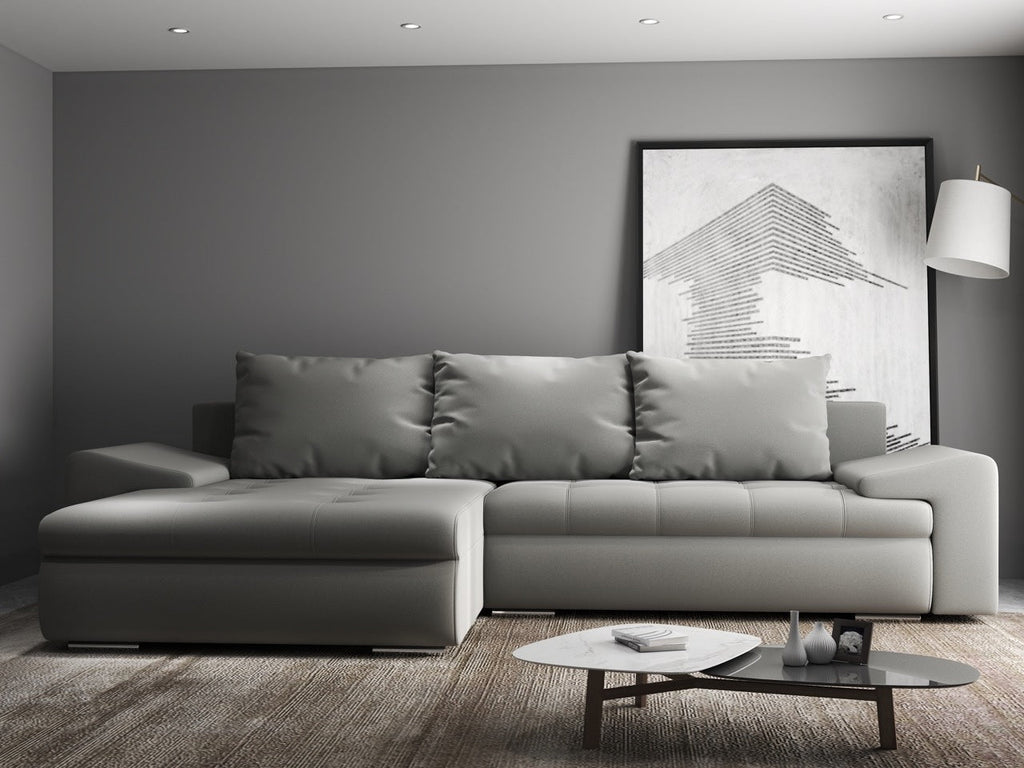 Colțar extensibil dumonde cu ladă de depozitare si sezut confortabil din spuma high-density, Leonardo Royal Gri 260x185 cm