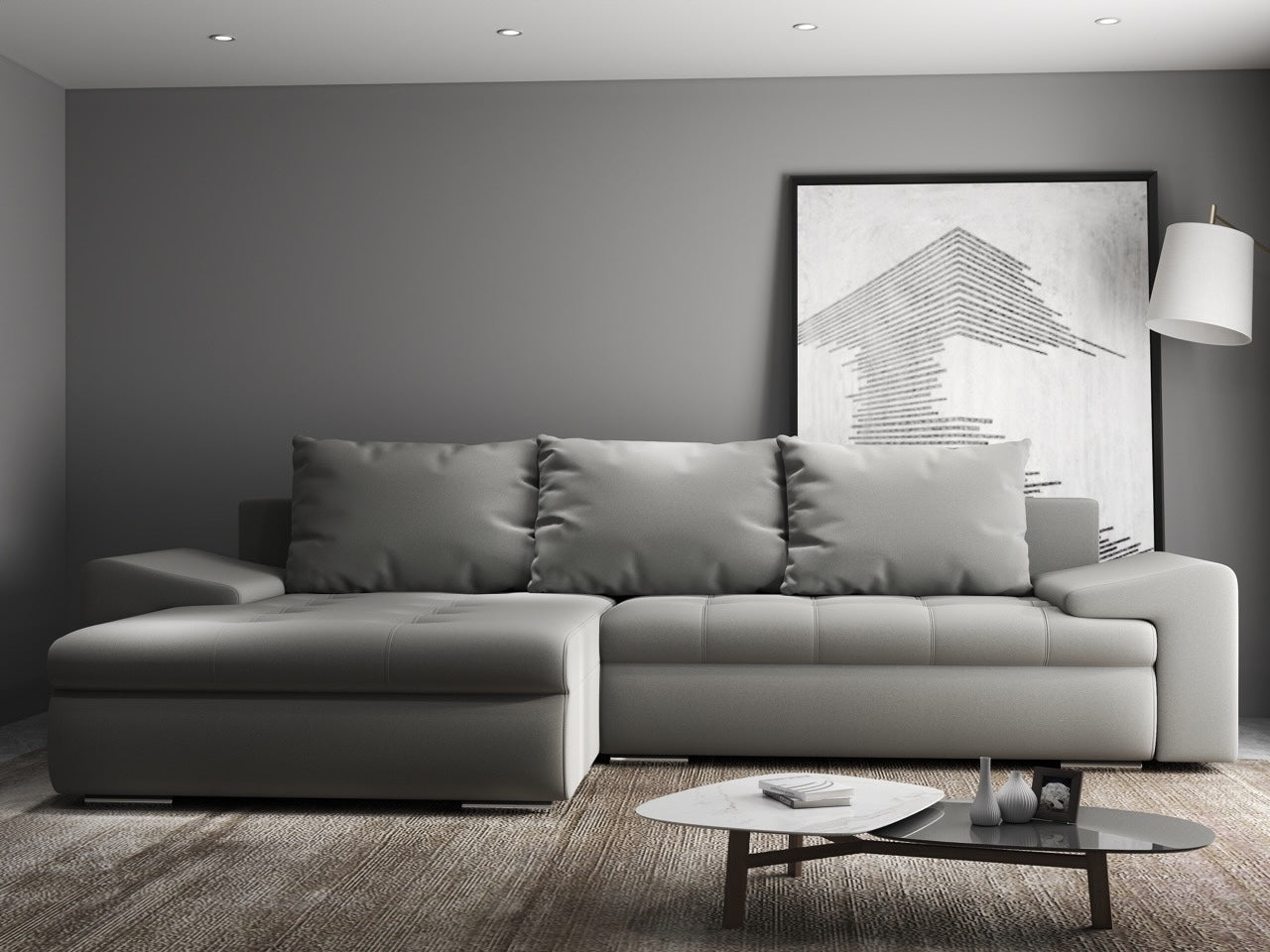 Colțar extensibil dumonde cu ladă de depozitare si sezut confortabil din spuma high-density, Leonardo Royal Gri 260x185 cm
