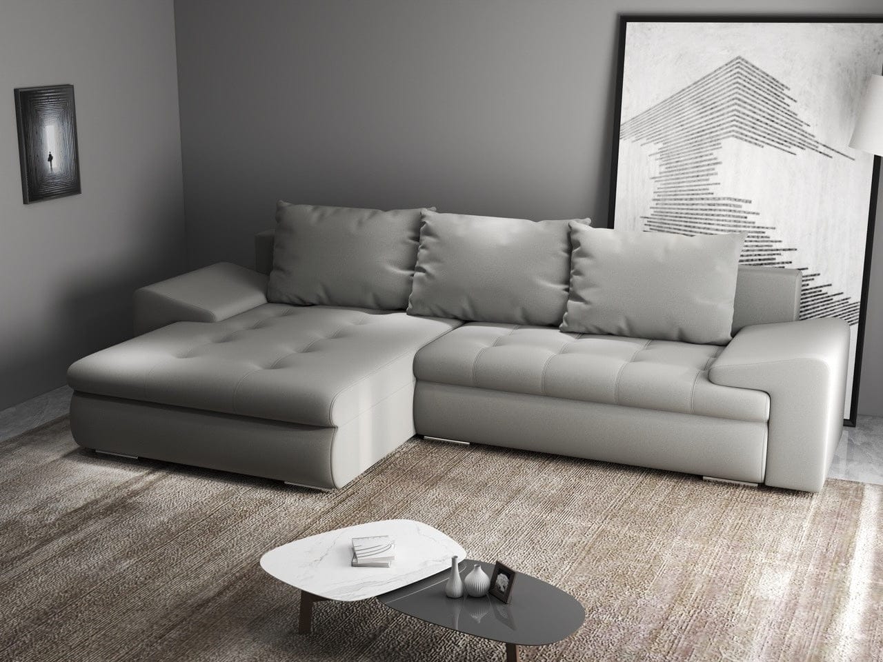 Colțar extensibil dumonde cu ladă de depozitare si sezut confortabil din spuma high-density, Leonardo Royal Gri 260x185 cm