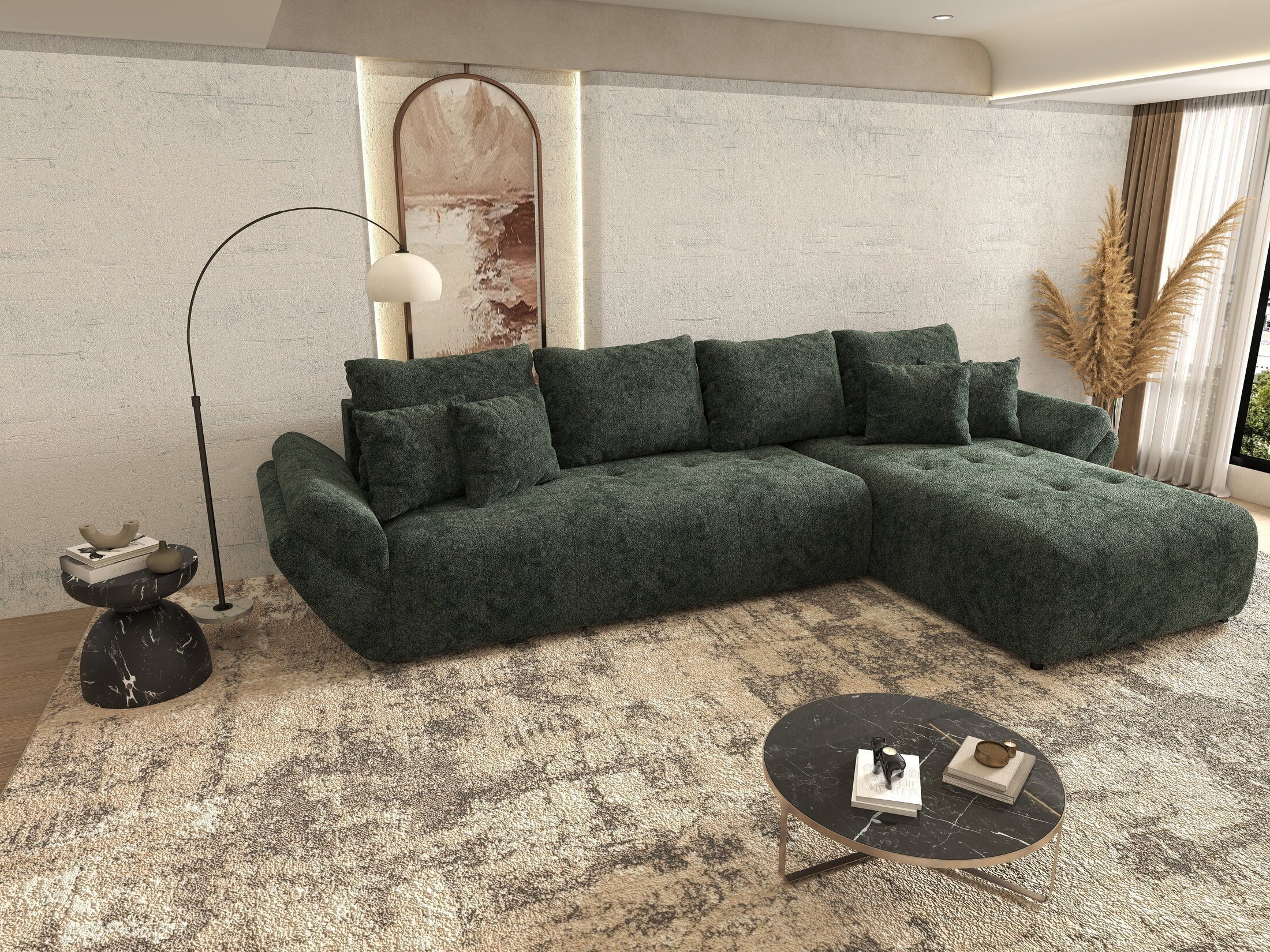 Colțar extensibil dumonde cu ladă de depozitare si sezut confortabil din spuma high-density, Berlin XL Euphoria Green 350x185 cm II