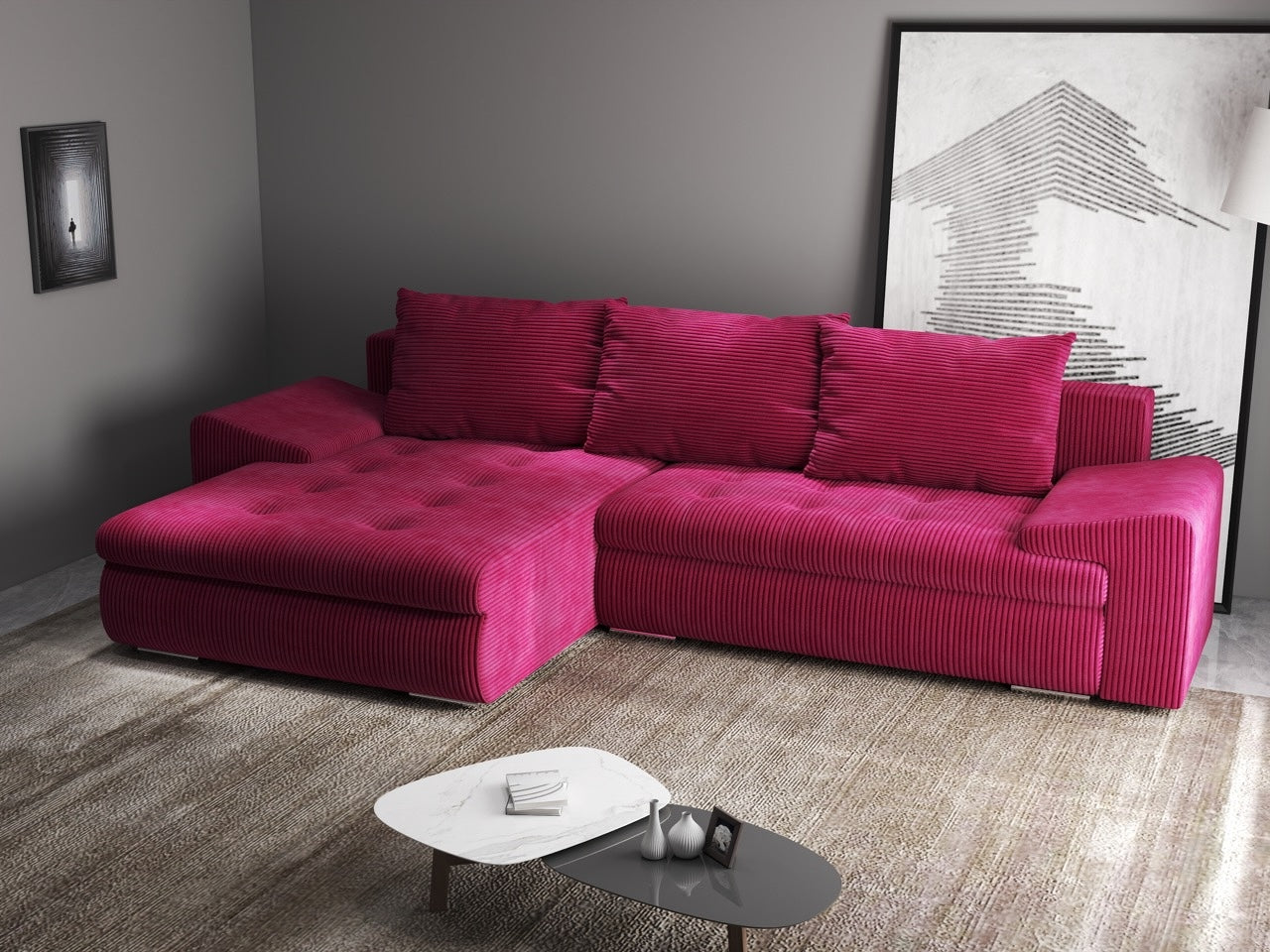 Colțar extensibil dumonde cu ladă de depozitare si sezut confortabil din spuma high-density, Leonardo Zoom Rosu 260x185 cm