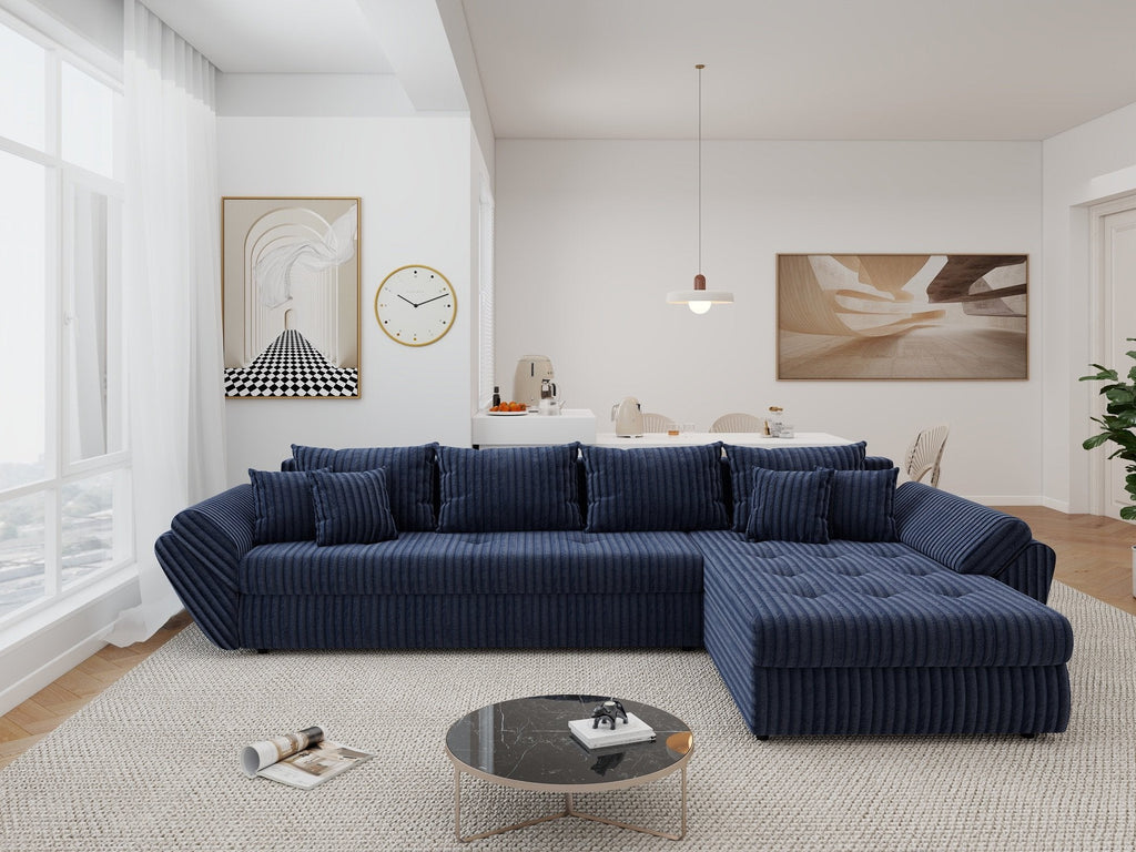 Colțar extensibil dumonde cu ladă de depozitare si sezut confortabil din spuma high-density, Loana XL Tilia Albastru II 335x185 cm