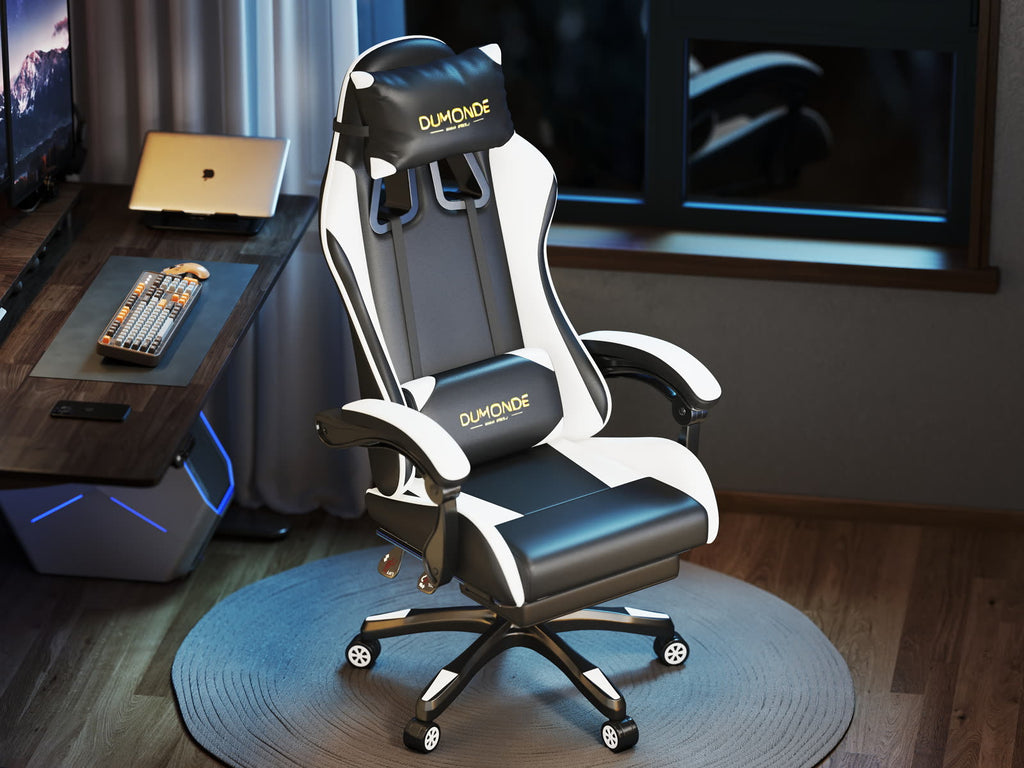 Scaun gaming Dumonde NIGHTFAL, mecanism multifuncțional, ecopiele, suport picioare, alb/negru