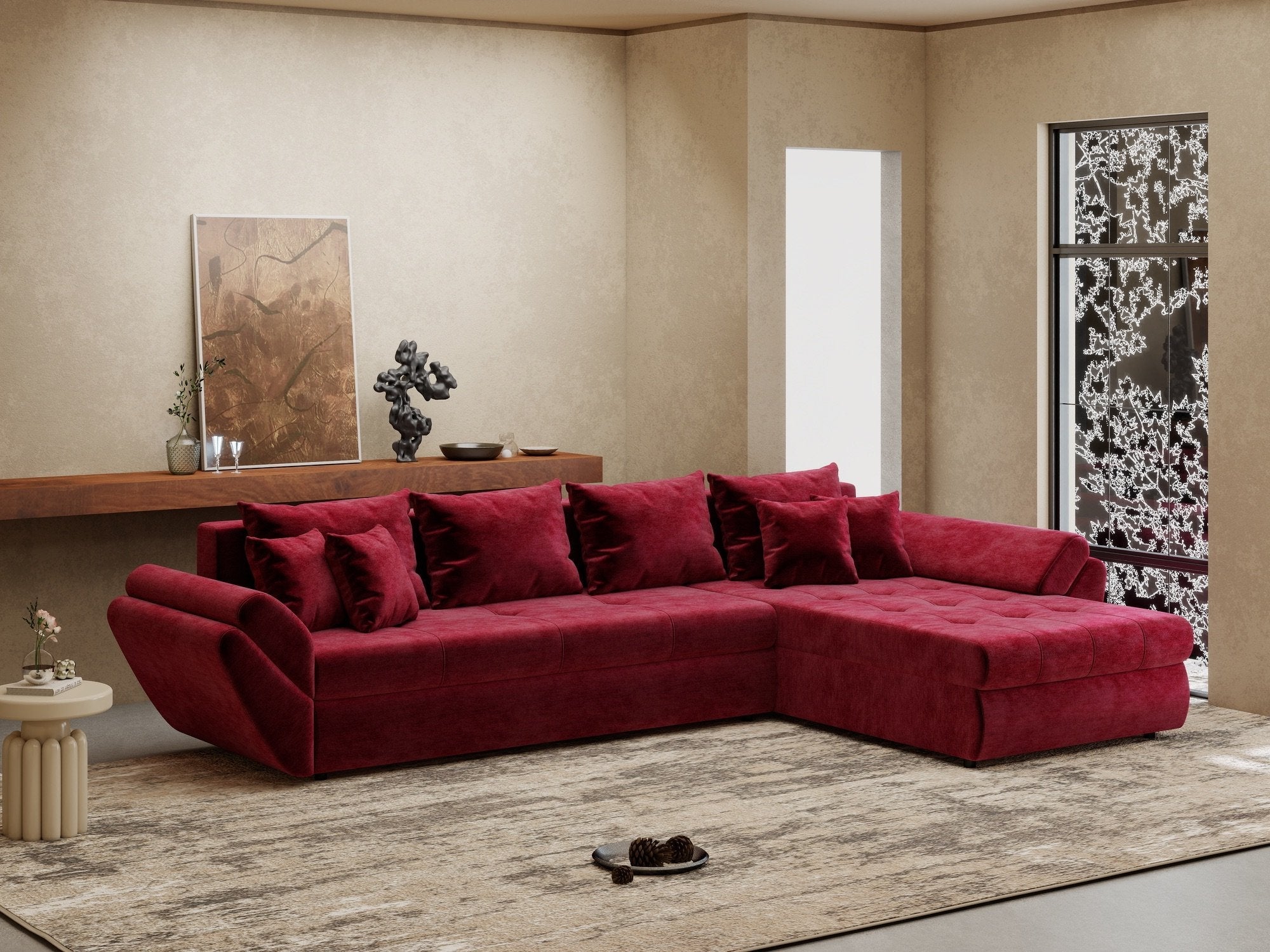 Colțar extensibil dumonde cu ladă de depozitare si sezut confortabil din spuma high-density, Loana XL Monolith Rosu II 335x185 cm