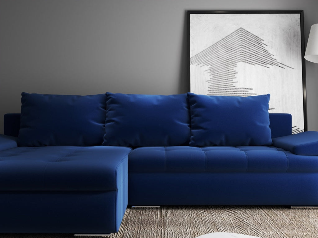 Colțar extensibil dumonde cu ladă de depozitare si sezut confortabil din spuma high-density, Leonardo Royal Albastru 260x185 cm