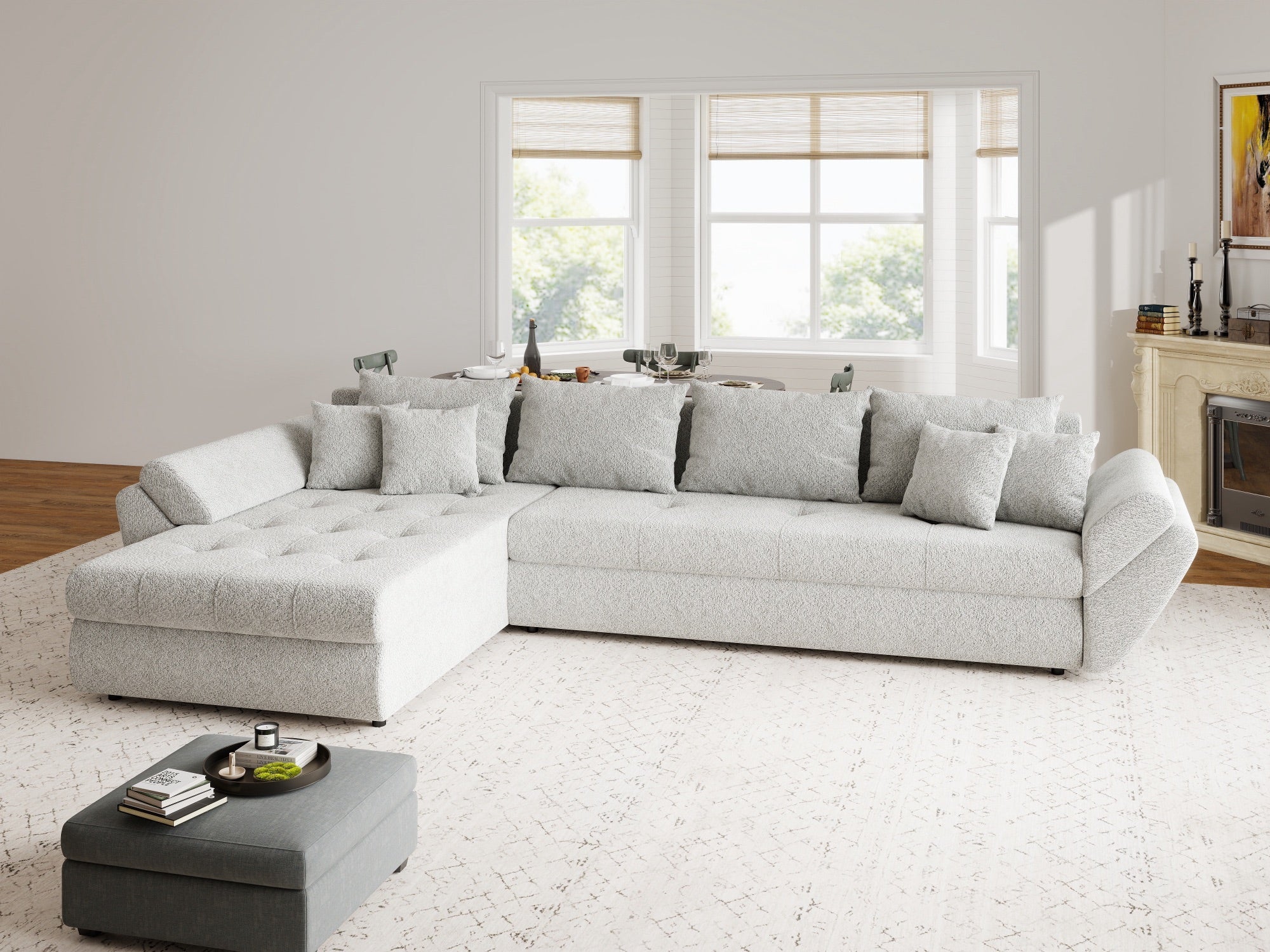 Colțar extensibil dumonde cu ladă de depozitare si sezut confortabil din spuma high-density, Loana XL Arena Gri 335x185 cm