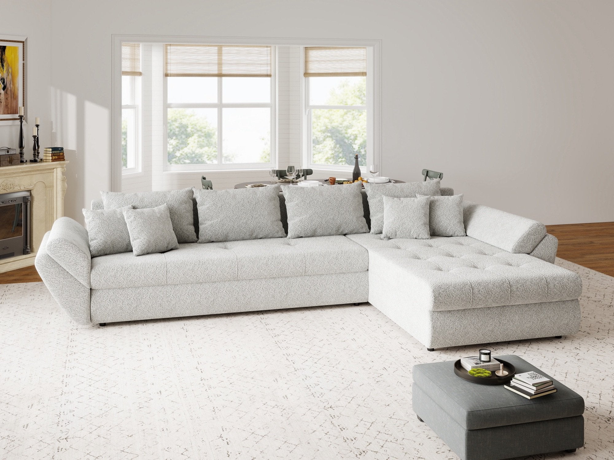 Colțar extensibil dumonde cu ladă de depozitare si sezut confortabil din spuma high-density, Loana XL Arena Gri II 335x185 cm