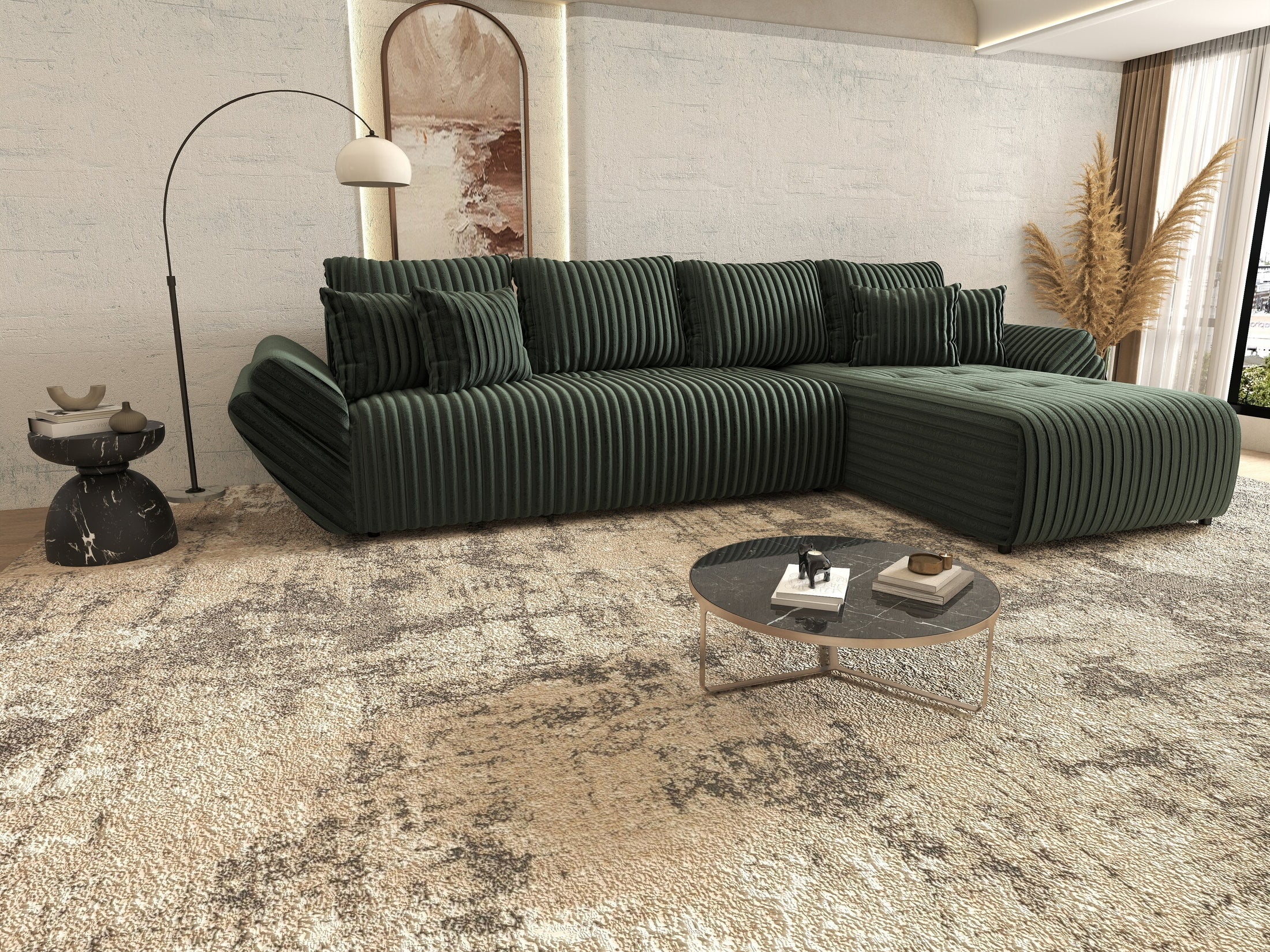 Colțar extensibil dumonde cu ladă de depozitare si sezut confortabil din spuma high-density, Berlin XL Ambience Green II 350x185 cm