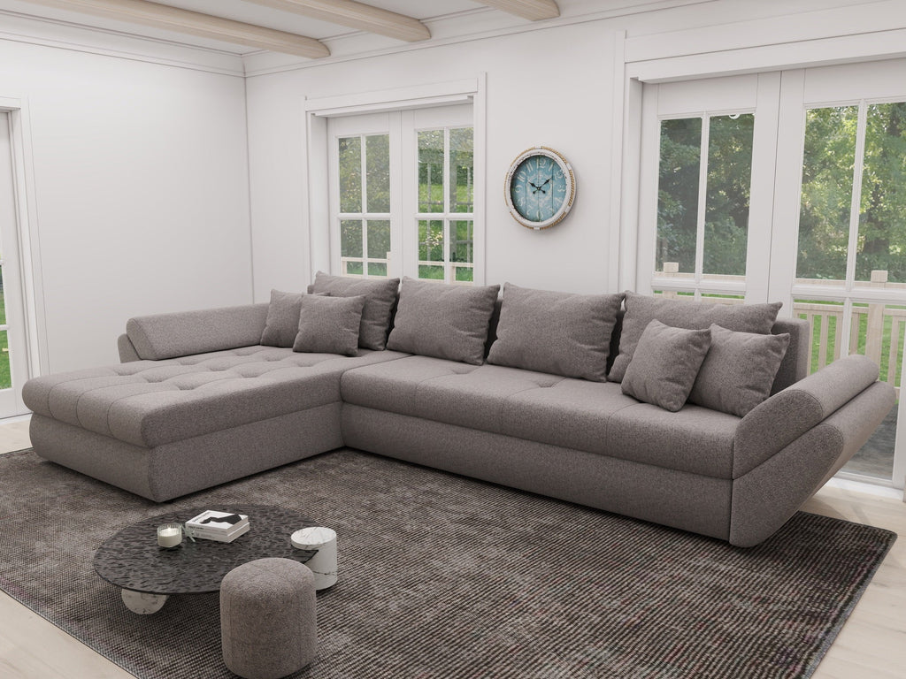 Colțar extensibil dumonde cu ladă de depozitare si sezut confortabil din spuma high-density, Loana XL Monte Gri 16 335x185 cm