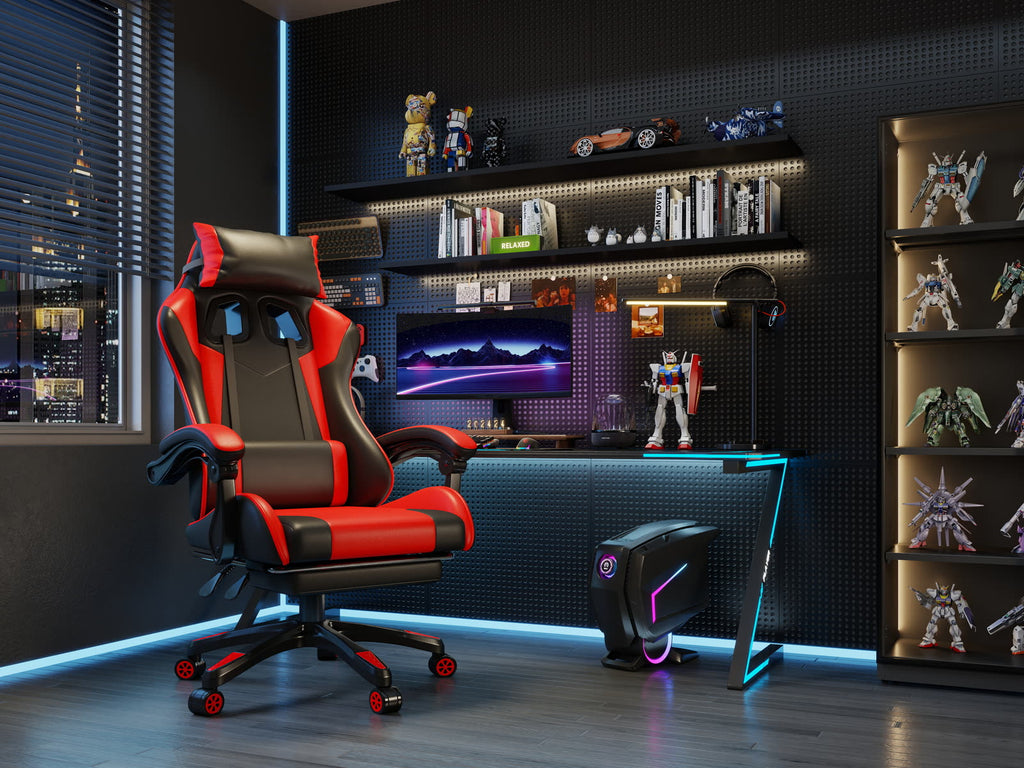 Scaun gaming Dumonde KRAKEN, mecanism multifuncțional, ecopiele, suport picioare, rosu/negru