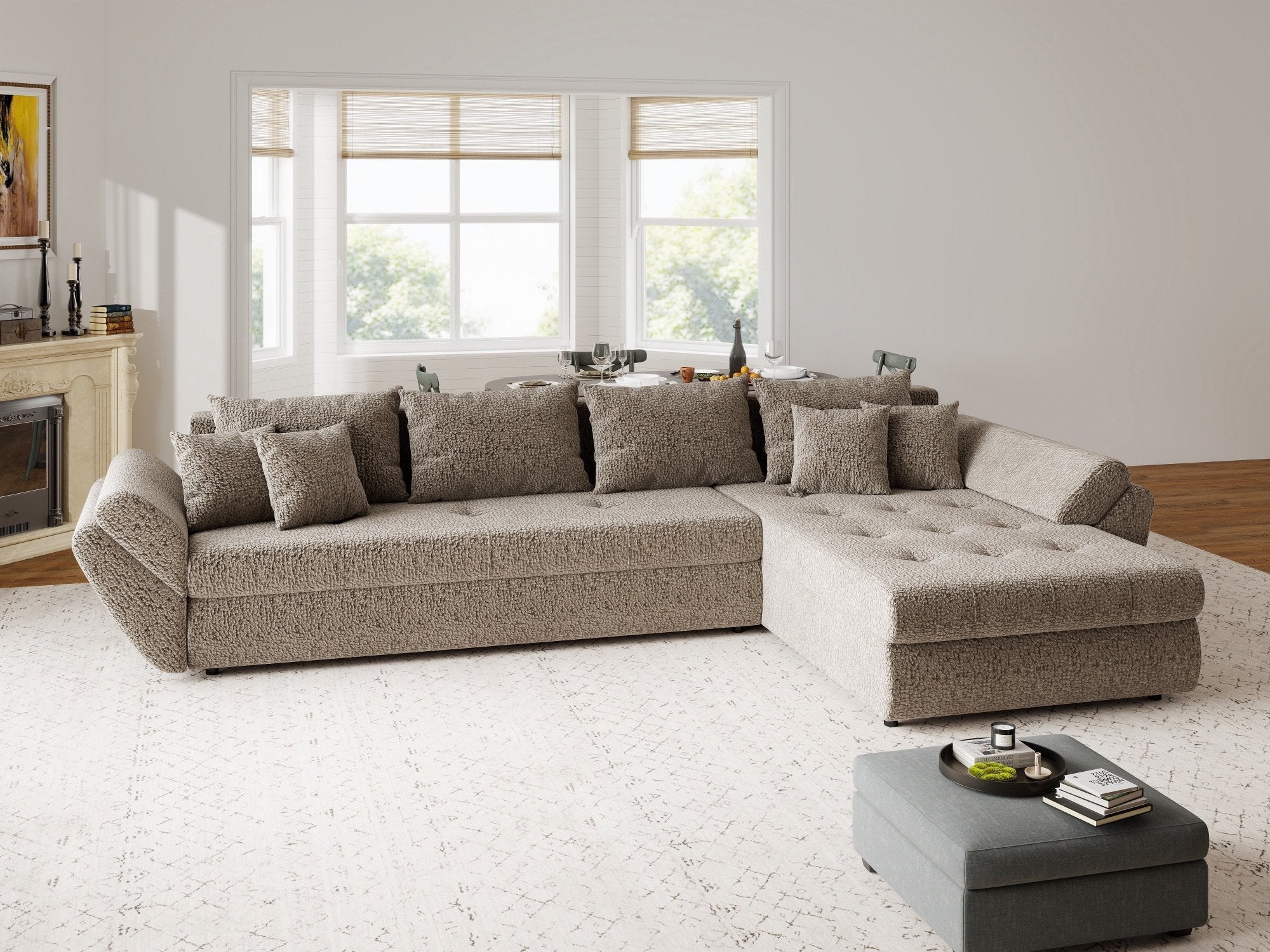 Colțar extensibil dumonde cu ladă de depozitare si sezut confortabil din spuma high-density, Loana XL Jaguar Bej II 335x185 cm