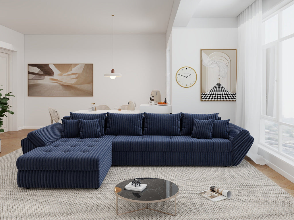 Colțar extensibil dumonde cu ladă de depozitare si sezut confortabil din spuma high-density, Loana XL Tilia Albastru 335x185 cm