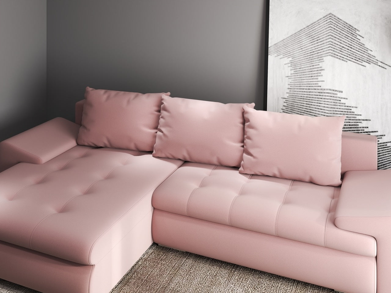 Colțar extensibil dumonde cu ladă de depozitare si sezut confortabil din spuma high-density, Leonardo Royal Roz 260x185 cm