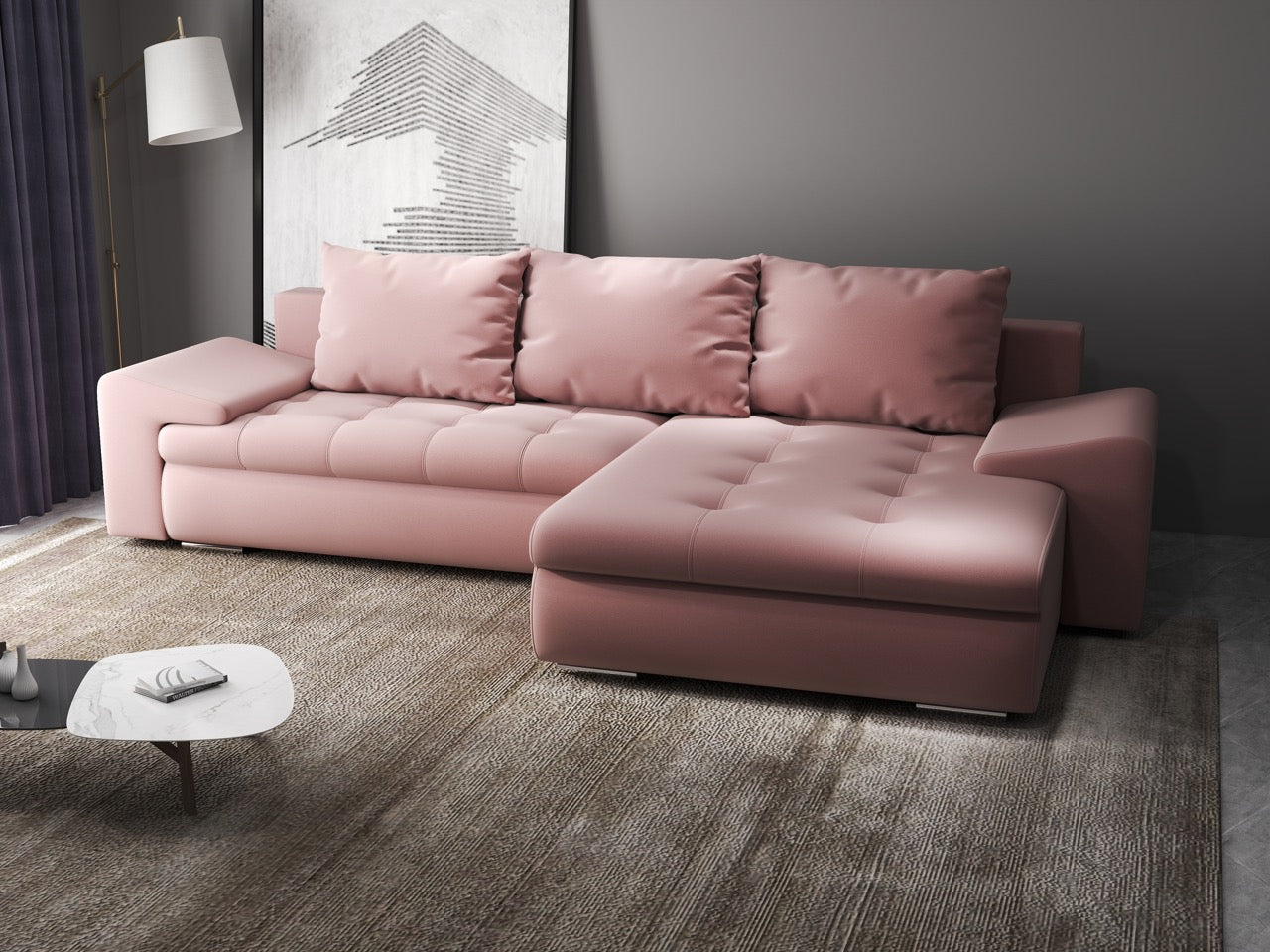 Colțar extensibil dumonde cu ladă de depozitare si sezut confortabil din spuma high-density, Leonardo Royal Roz 260x185 cm II