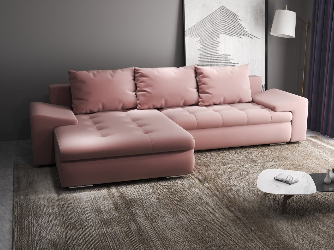 Colțar extensibil dumonde cu ladă de depozitare si sezut confortabil din spuma high-density, Leonardo Royal Roz 260x185 cm
