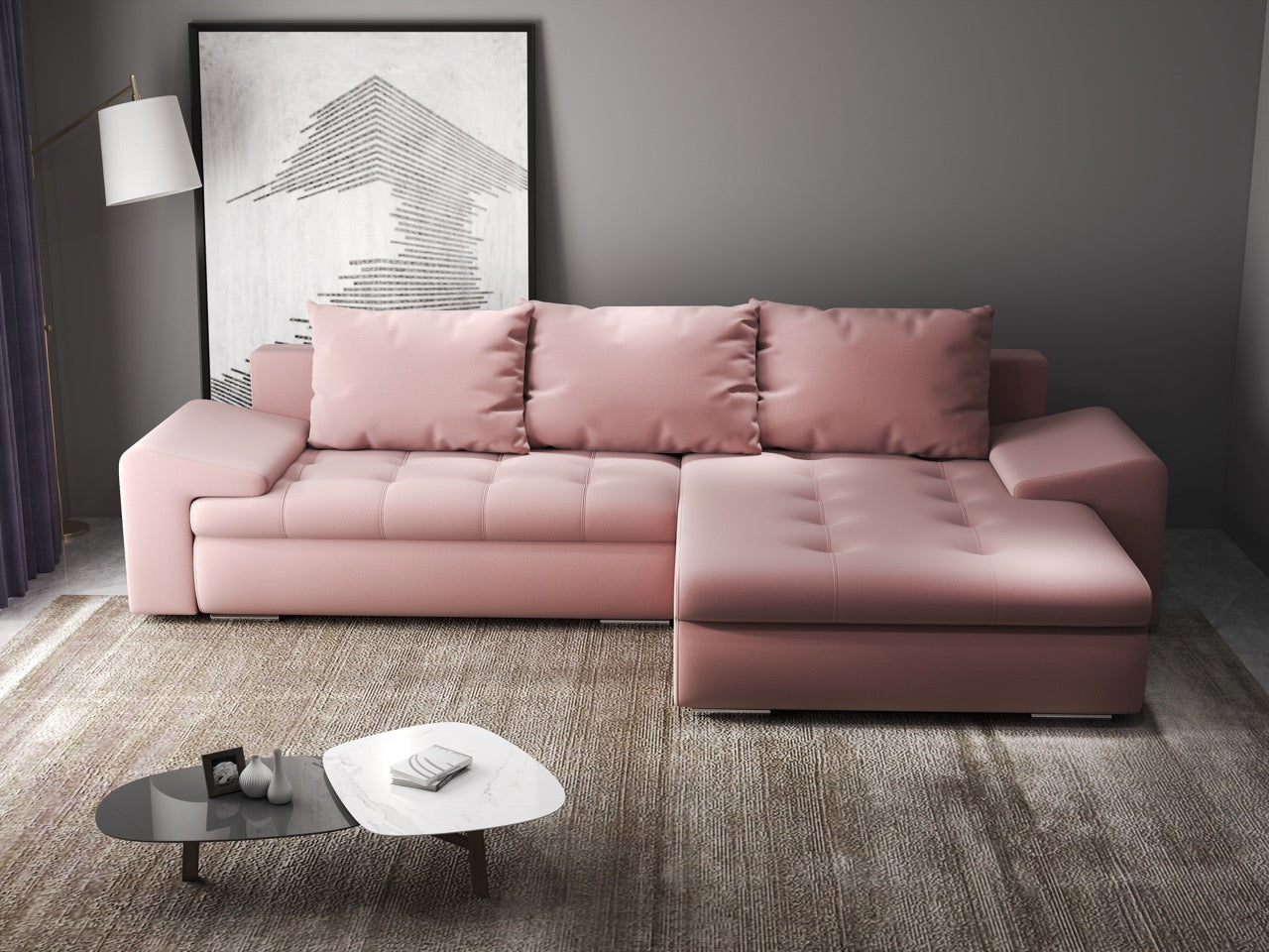 Colțar extensibil dumonde cu ladă de depozitare si sezut confortabil din spuma high-density, Leonardo Royal Roz 260x185 cm II