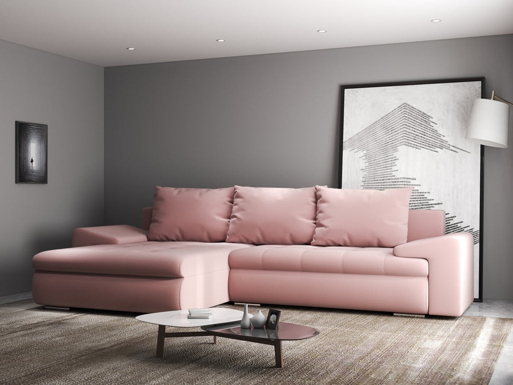 Colțar extensibil dumonde cu ladă de depozitare si sezut confortabil din spuma high-density, Leonardo Royal Roz 260x185 cm