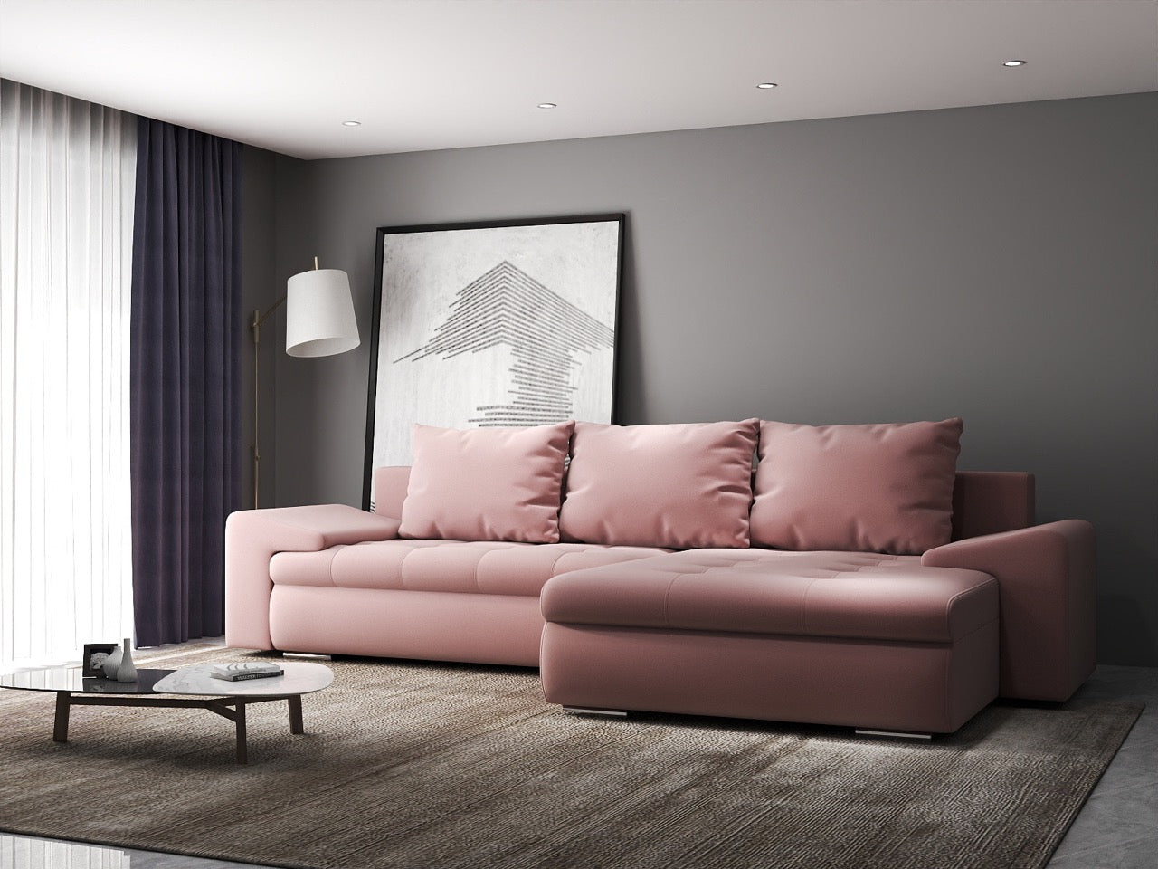 Colțar extensibil dumonde cu ladă de depozitare si sezut confortabil din spuma high-density, Leonardo Royal Roz 260x185 cm II