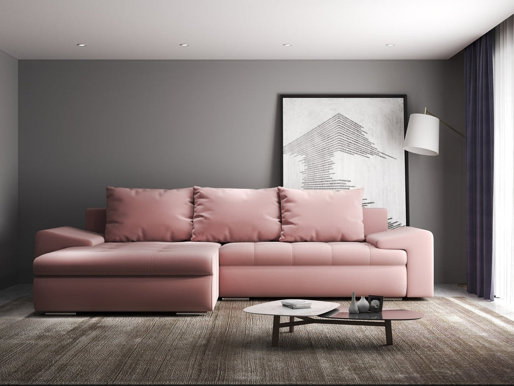 Colțar extensibil dumonde cu ladă de depozitare si sezut confortabil din spuma high-density, Leonardo Royal Roz 260x185 cm