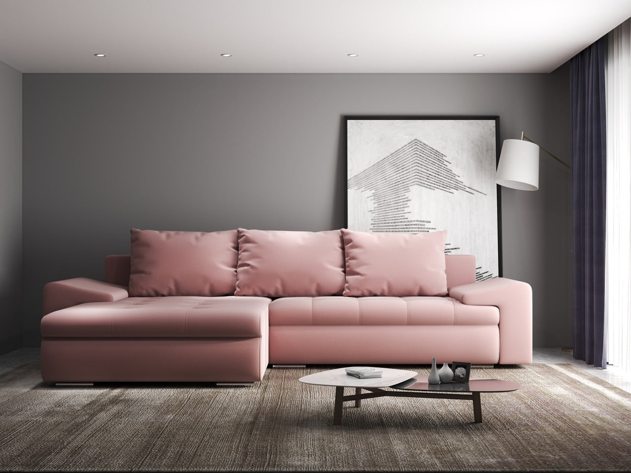 Colțar extensibil dumonde cu ladă de depozitare si sezut confortabil din spuma high-density, Leonardo Royal Roz 260x185 cm