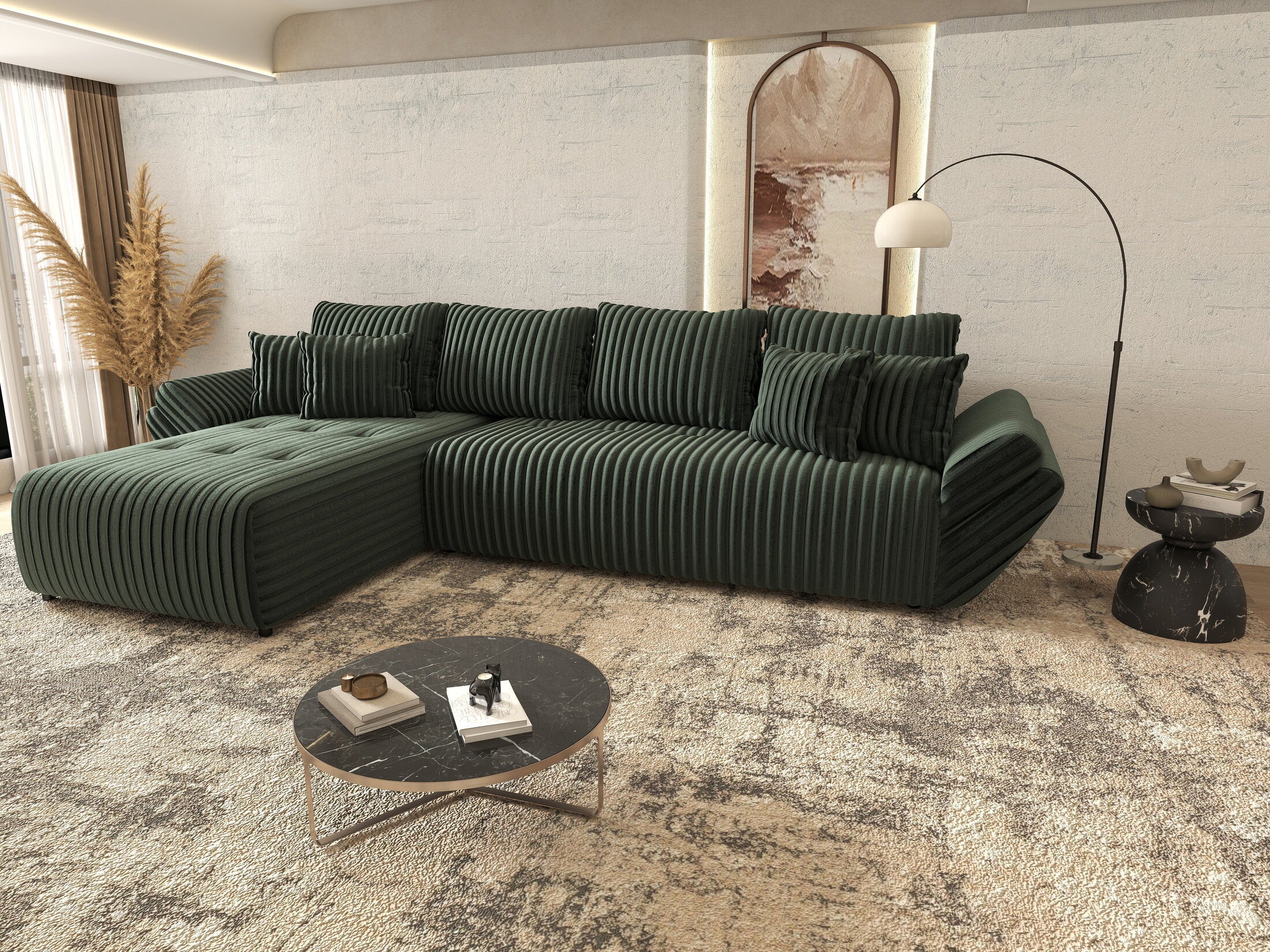 Colțar extensibil dumonde cu ladă de depozitare si sezut confortabil din spuma high-density, Berlin XL Ambience Green 350x185 cm