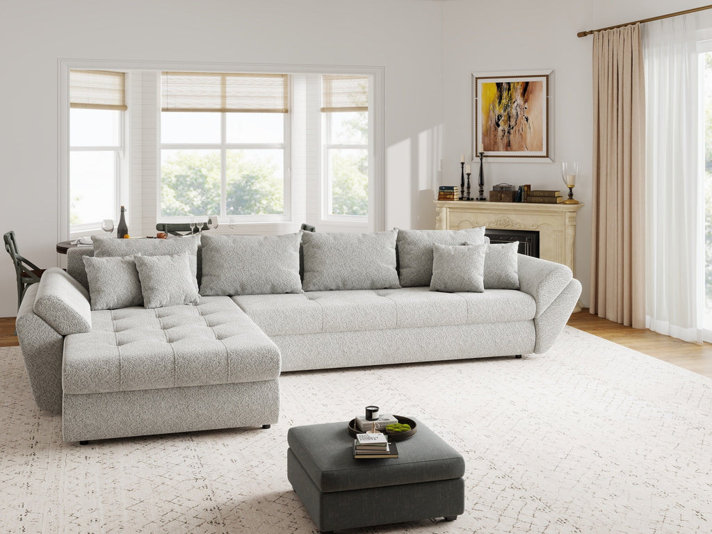 Colțar extensibil dumonde cu ladă de depozitare si sezut confortabil din spuma high-density, Loana XL Arena Gri 335x185 cm