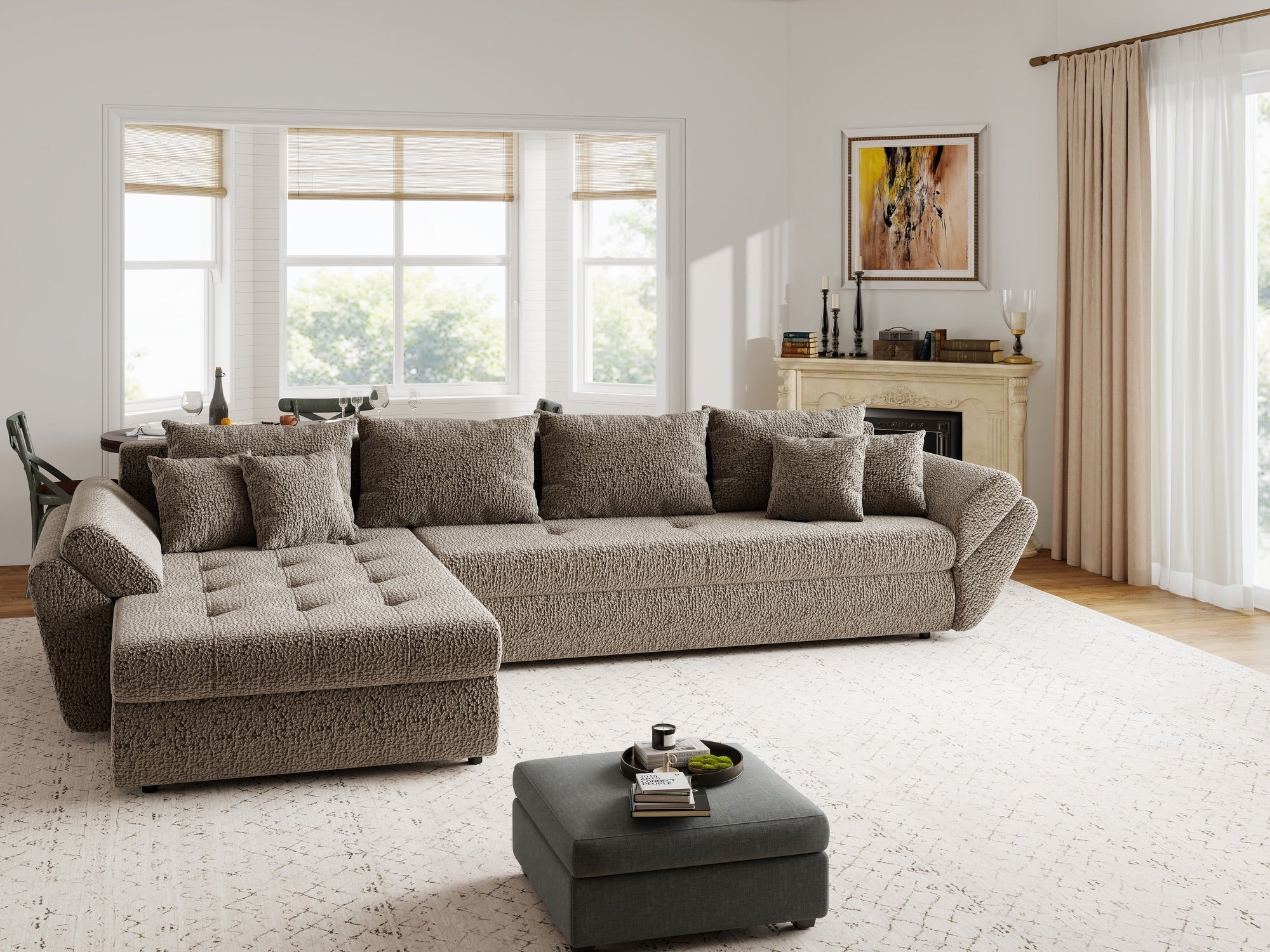 Colțar extensibil dumonde cu ladă de depozitare si sezut confortabil din spuma high-density, Loana XL Jaguar Maro Cappuccino 335x185 cm