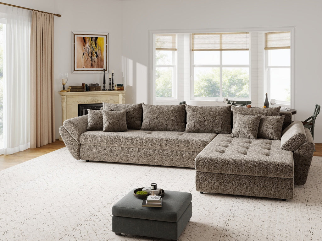 Colțar extensibil dumonde cu ladă de depozitare si sezut confortabil din spuma high-density, Loana XL Jaguar Maro Cappuccino II 335x185 cm
