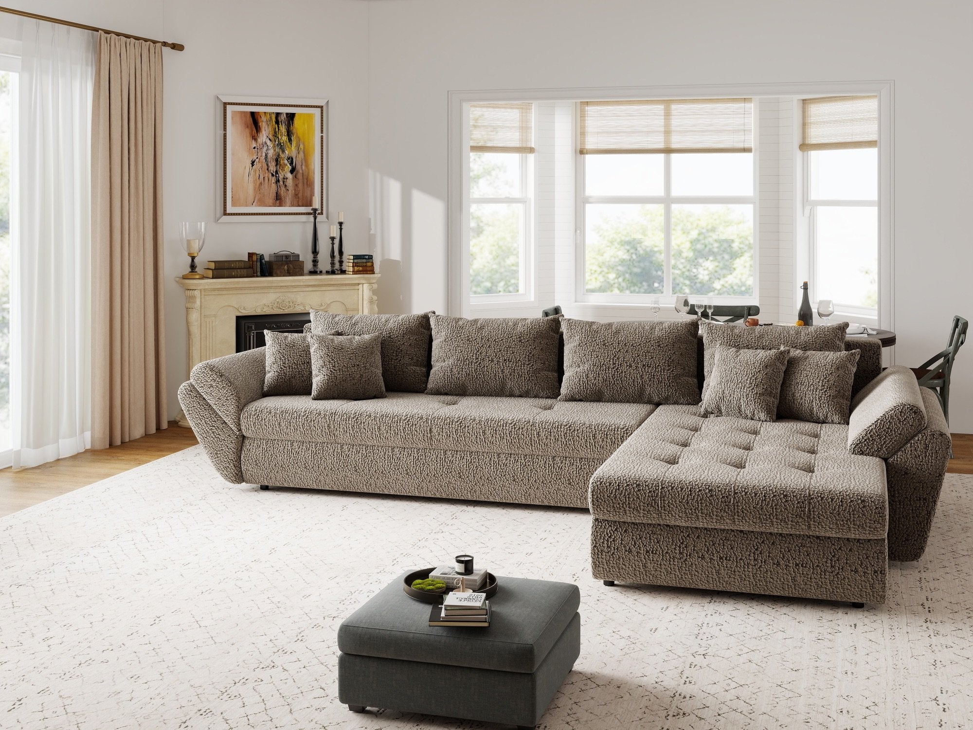 Colțar extensibil dumonde cu ladă de depozitare si sezut confortabil din spuma high-density, Loana XL Jaguar Maro Cappuccino II 335x185 cm