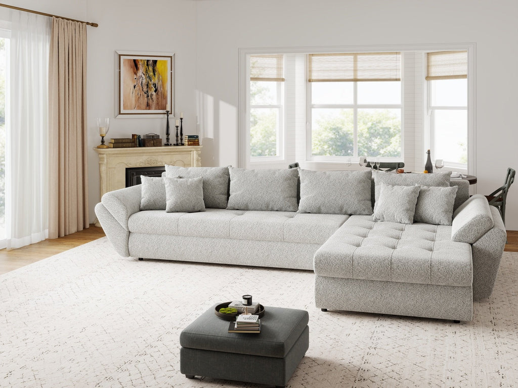 Colțar extensibil dumonde cu ladă de depozitare si sezut confortabil din spuma high-density, Loana XL Arena Gri II 335x185 cm