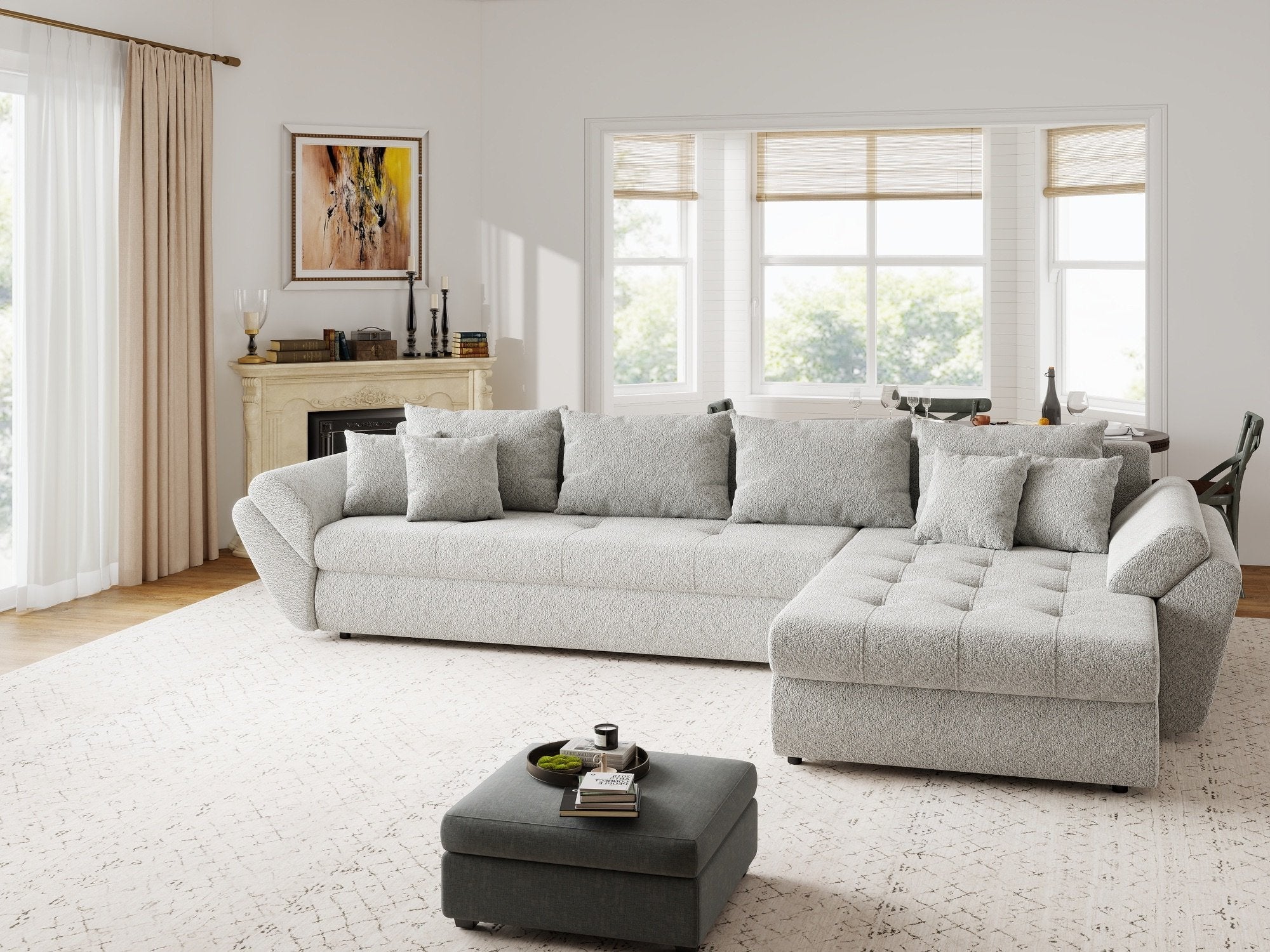 Colțar extensibil dumonde cu ladă de depozitare si sezut confortabil din spuma high-density, Loana XL Arena Gri II 335x185 cm