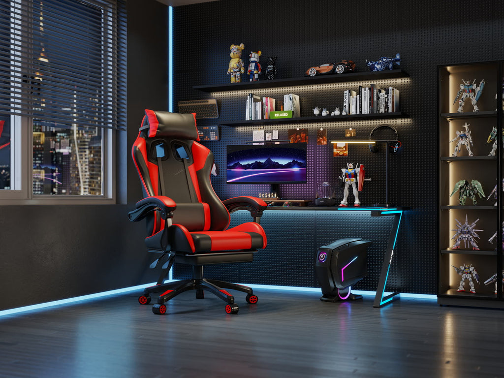 Scaun gaming Dumonde KRAKEN, mecanism multifuncțional, ecopiele, suport picioare, rosu/negru