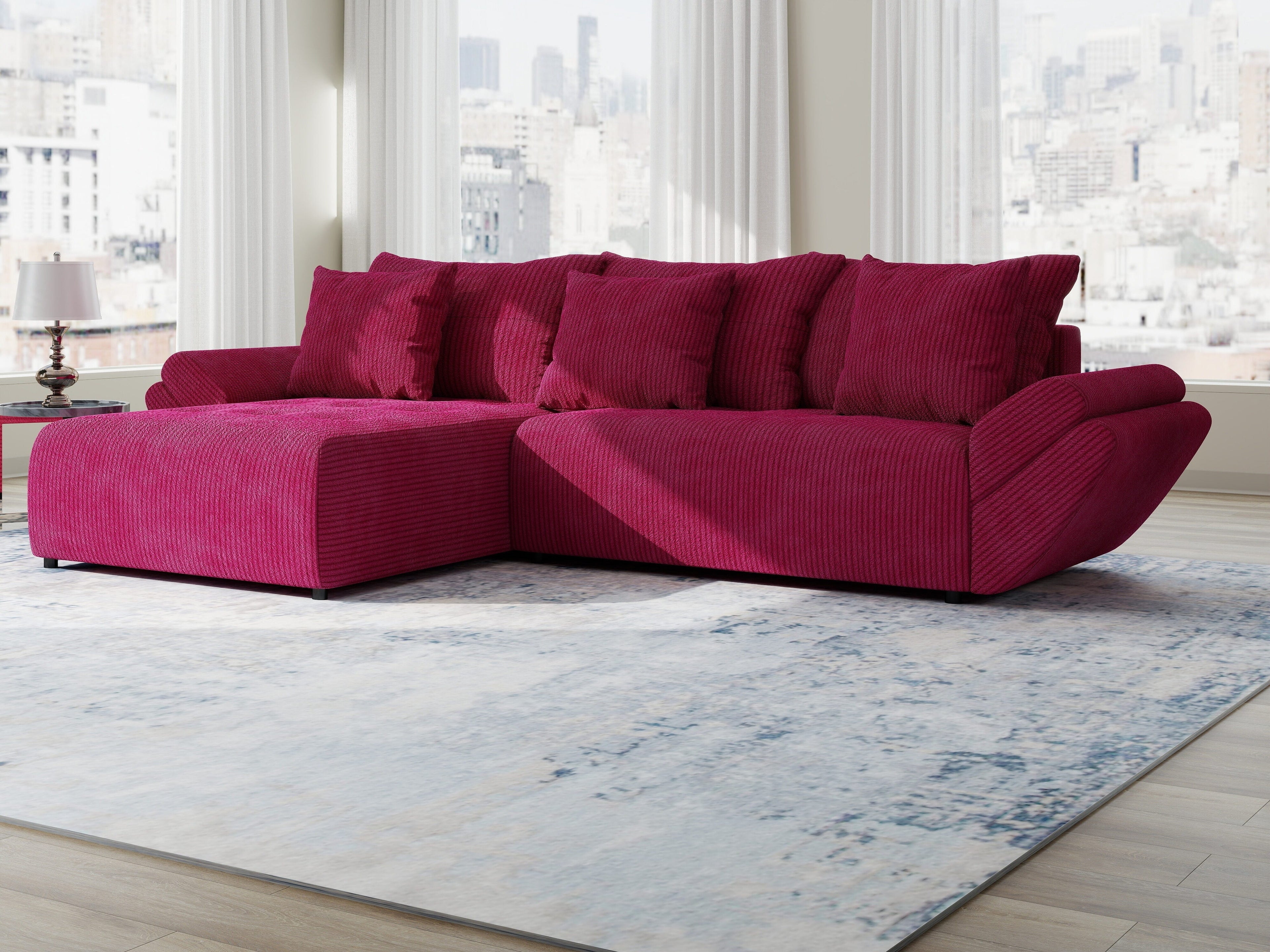 Colțar extensibil dumonde cu ladă de depozitare si sezut confortabil din spuma high-density, Berlin Zoom Rosu 280x185 cm
