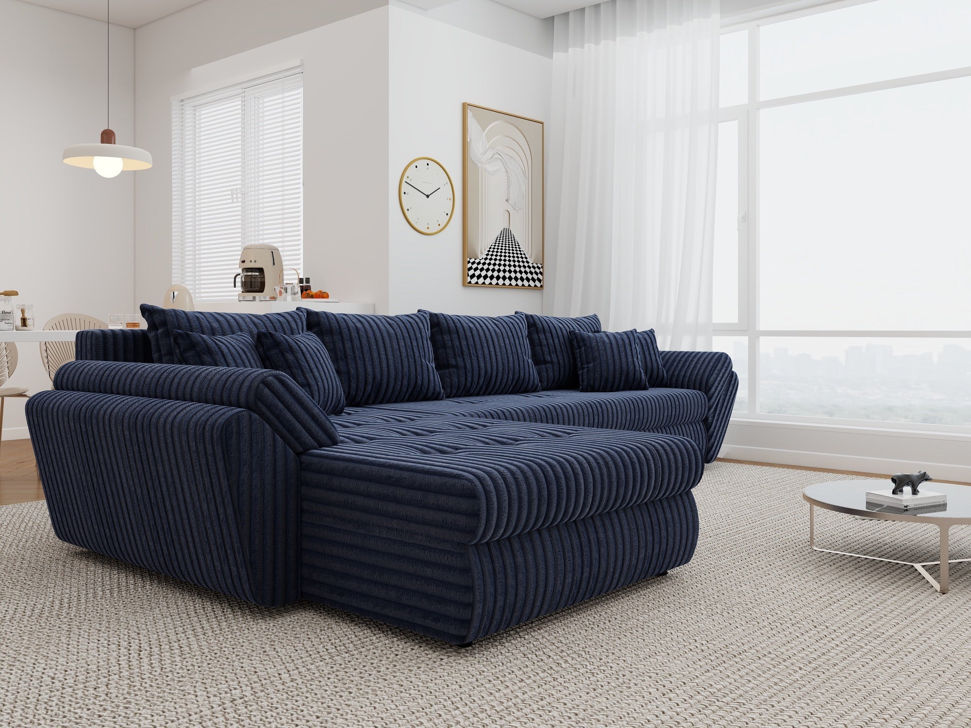 Colțar extensibil dumonde cu ladă de depozitare si sezut confortabil din spuma high-density, Loana XL Tilia Albastru 335x185 cm