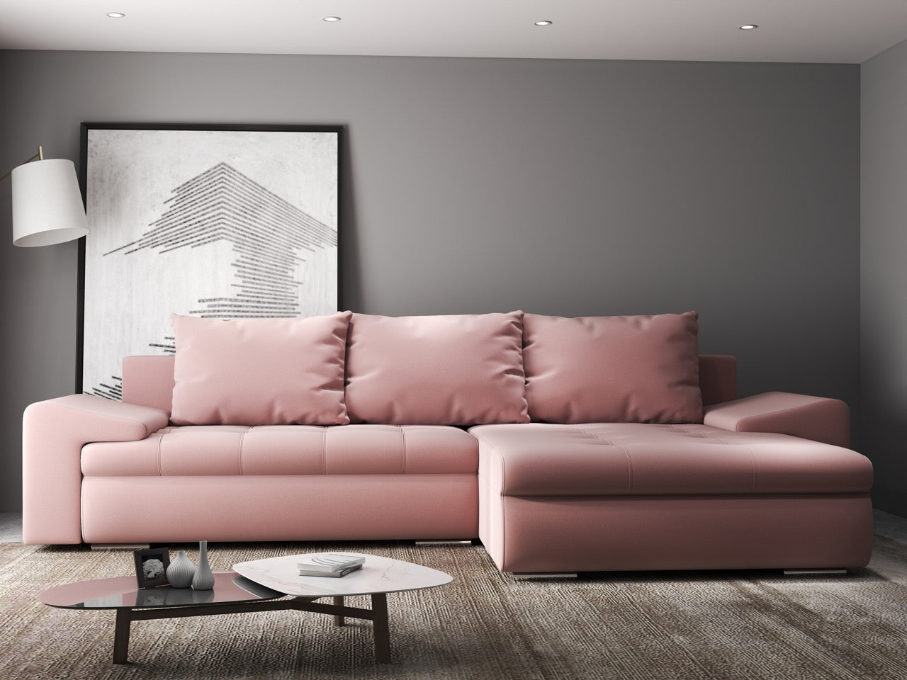 Colțar extensibil dumonde cu ladă de depozitare si sezut confortabil din spuma high-density, Leonardo Royal Roz 260x185 cm II