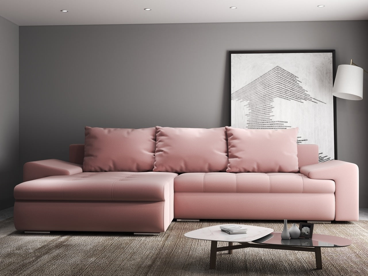 Colțar extensibil dumonde cu ladă de depozitare si sezut confortabil din spuma high-density, Leonardo Royal Roz 260x185 cm