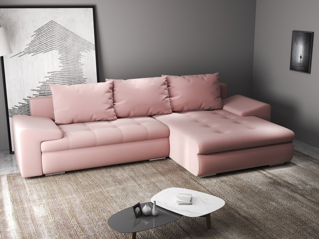 Colțar extensibil dumonde cu ladă de depozitare si sezut confortabil din spuma high-density, Leonardo Royal Roz 260x185 cm II