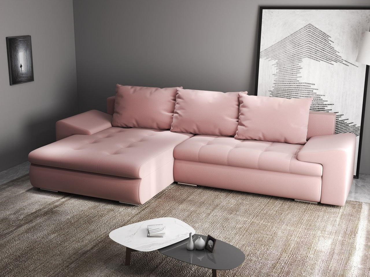 Colțar extensibil dumonde cu ladă de depozitare si sezut confortabil din spuma high-density, Leonardo Royal Roz 260x185 cm