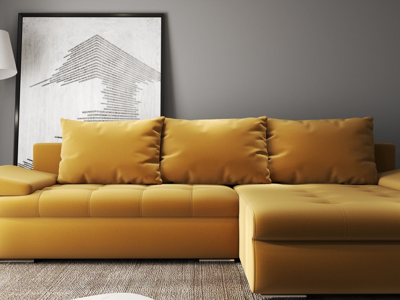 Colțar extensibil dumonde cu ladă de depozitare si sezut confortabil din spuma high-density, Leonardo Royal Mustar 260x185 cm II
