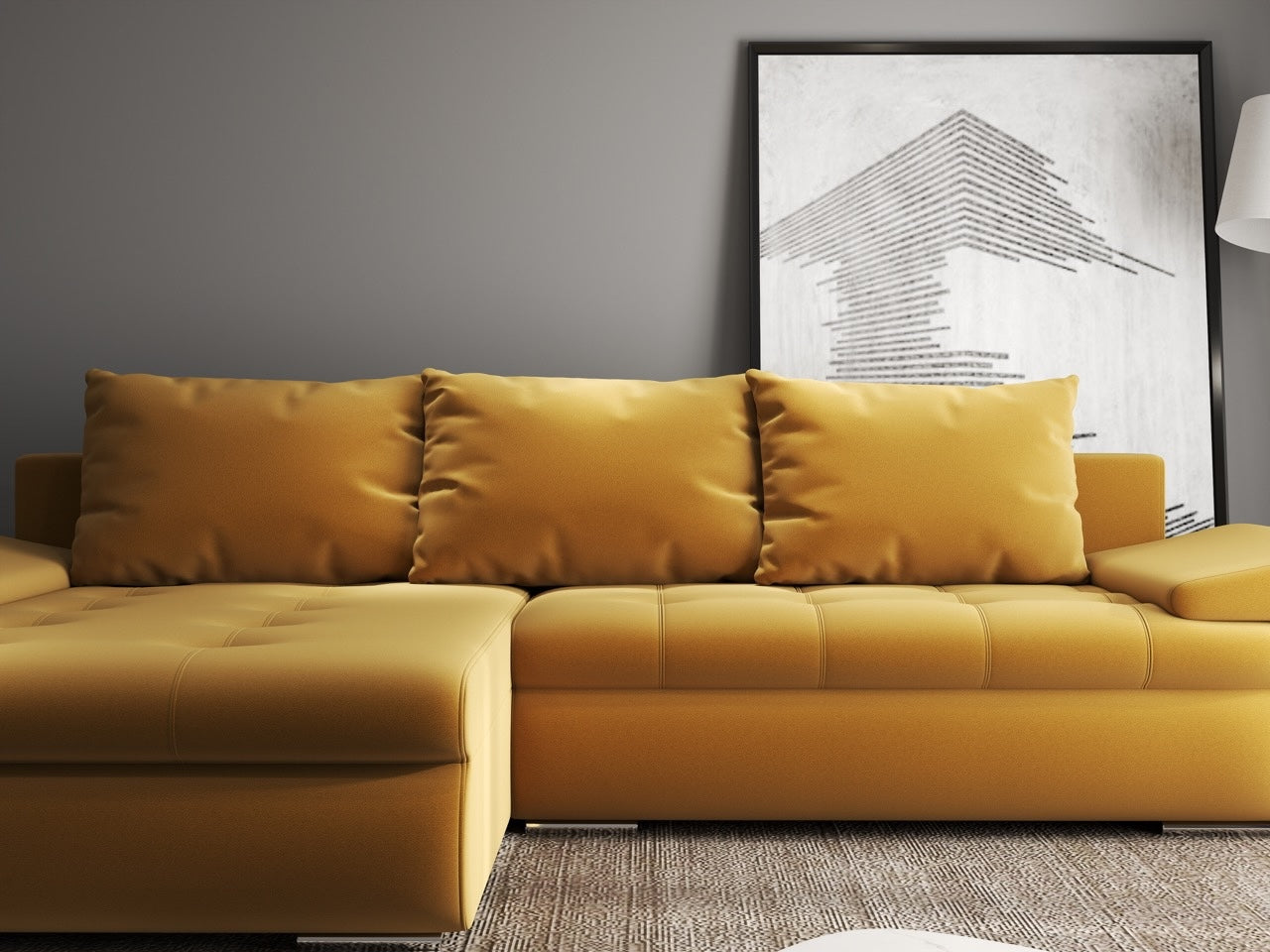 Colțar extensibil dumonde cu ladă de depozitare si sezut confortabil din spuma high-density, Leonardo Royal Mustar 260x185 cm