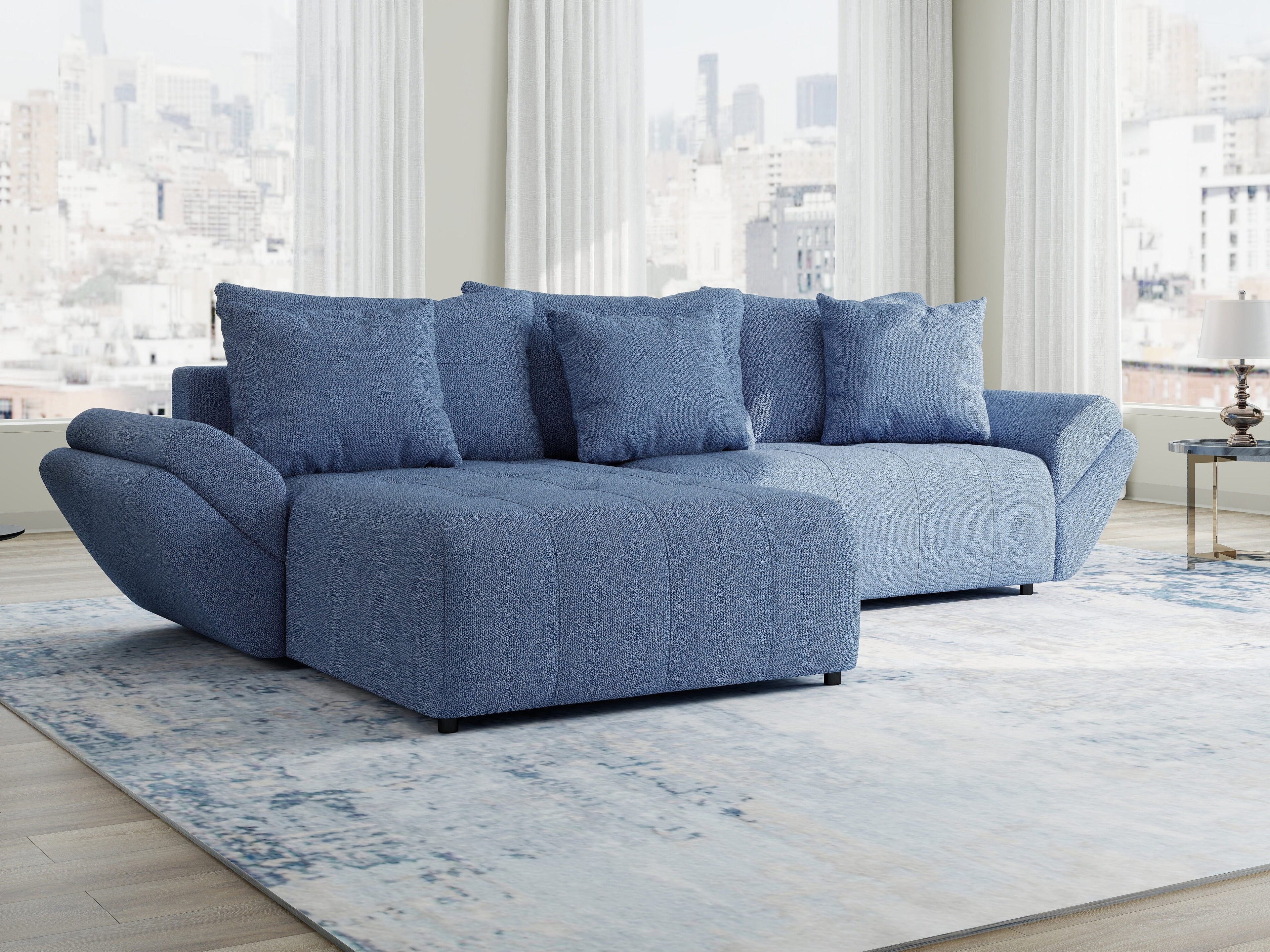Colțar extensibil dumonde cu ladă de depozitare si sezut confortabil din spuma high-density, Berlin Enjoy Albastru 280x185 cm