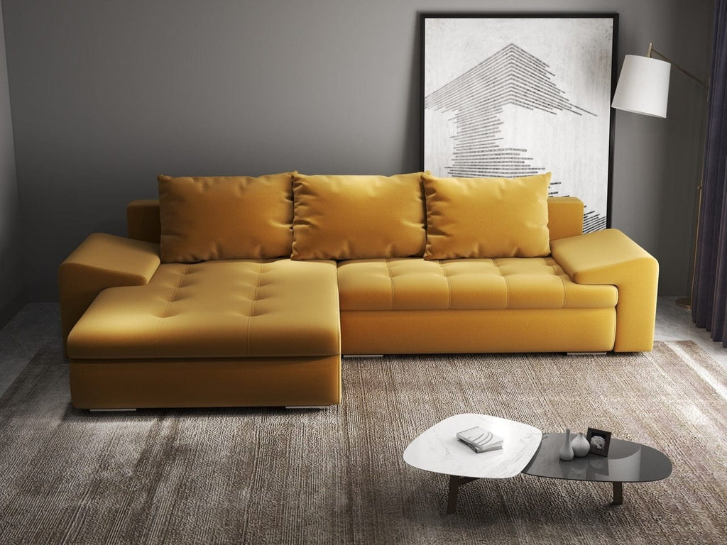 Colțar extensibil dumonde cu ladă de depozitare si sezut confortabil din spuma high-density, Leonardo Royal Mustar 260x185 cm