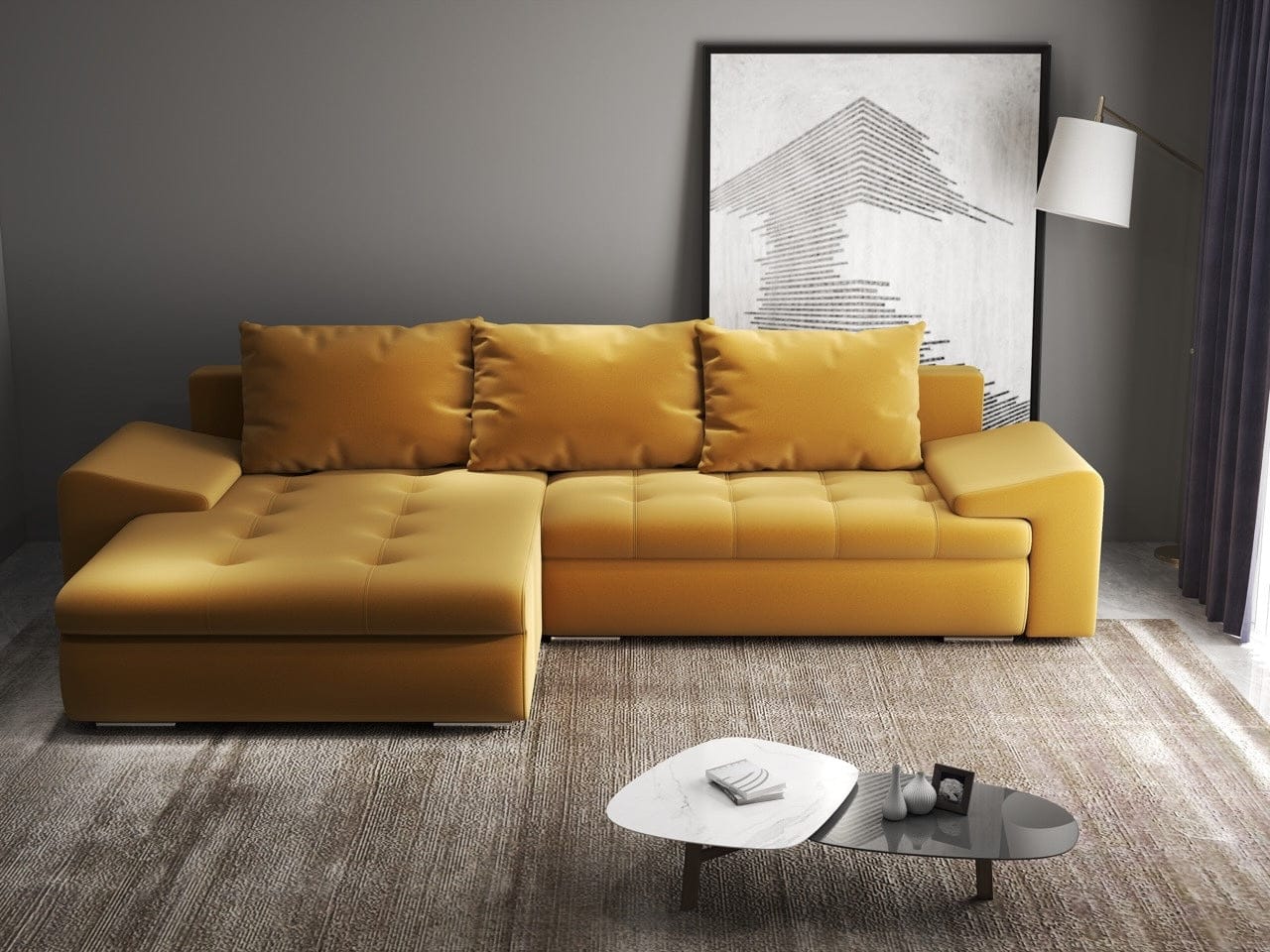 Colțar extensibil dumonde cu ladă de depozitare si sezut confortabil din spuma high-density, Leonardo Royal Mustar 260x185 cm