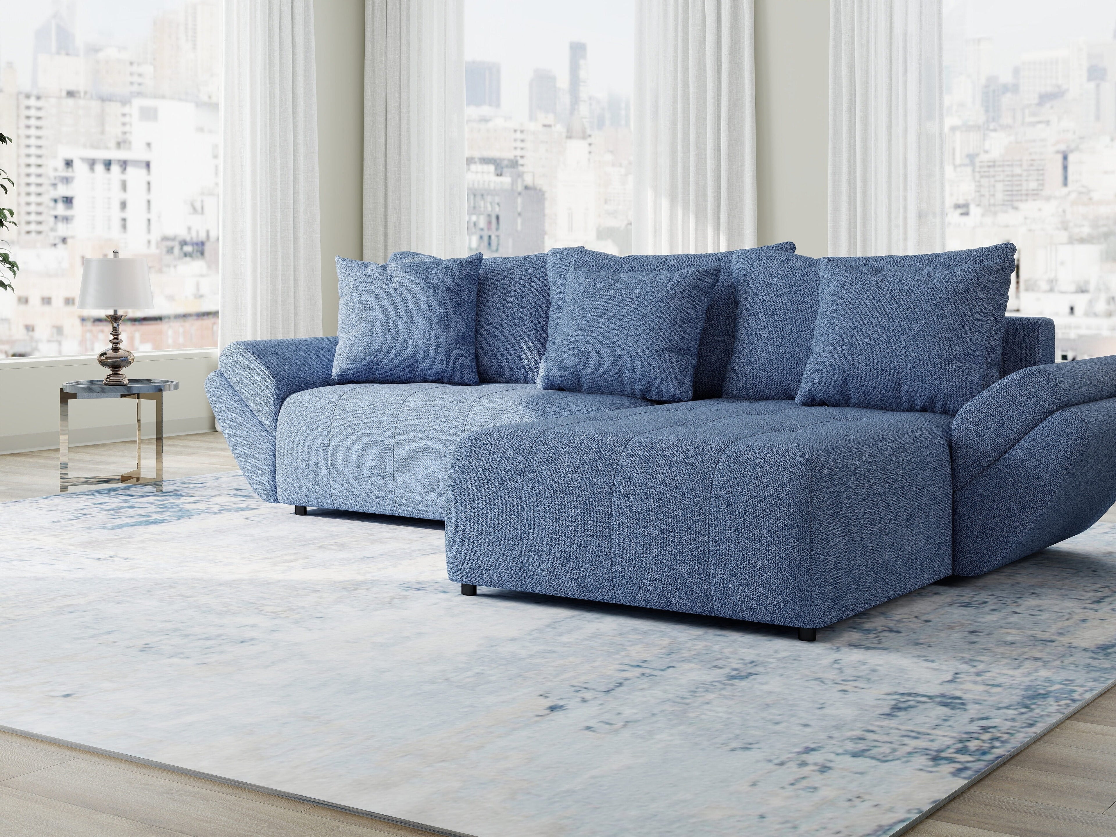Colțar extensibil dumonde cu ladă de depozitare si sezut confortabil din spuma high-density, Berlin Enjoy Albastru 280x185 cm II