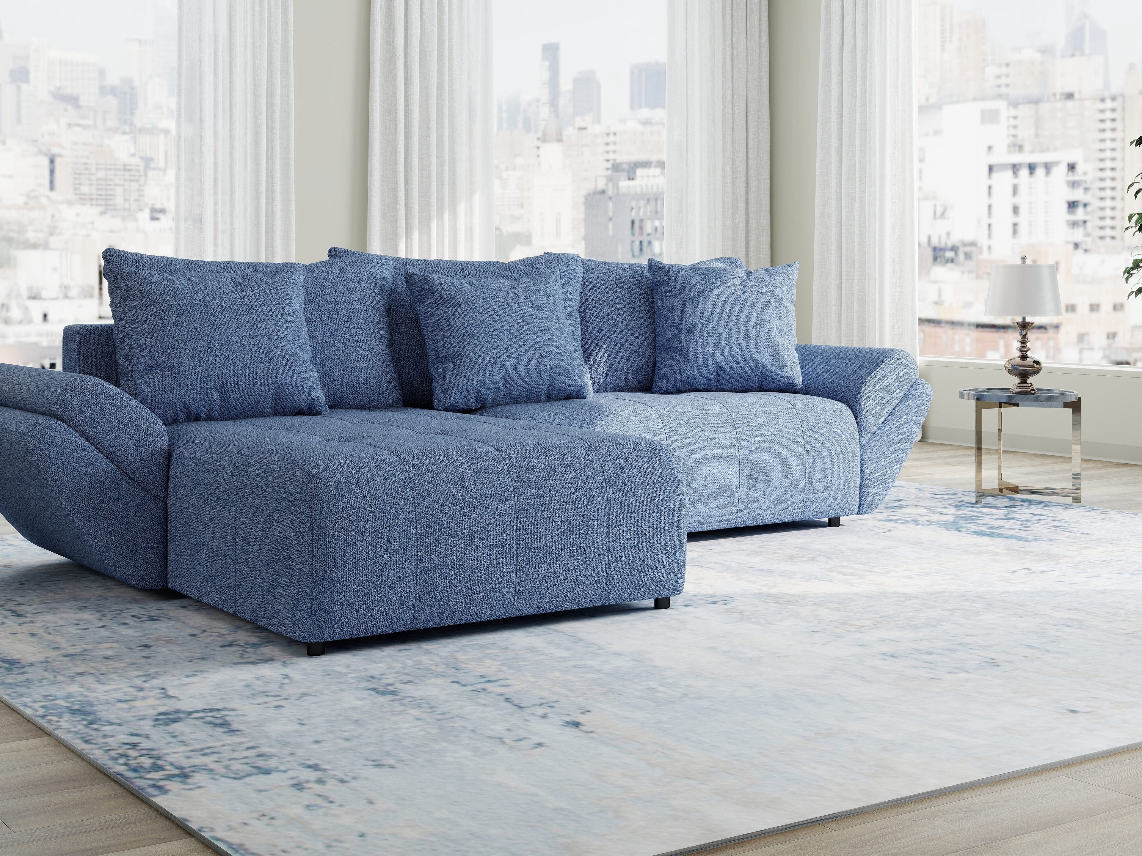 Colțar extensibil dumonde cu ladă de depozitare si sezut confortabil din spuma high-density, Berlin Enjoy Albastru 280x185 cm