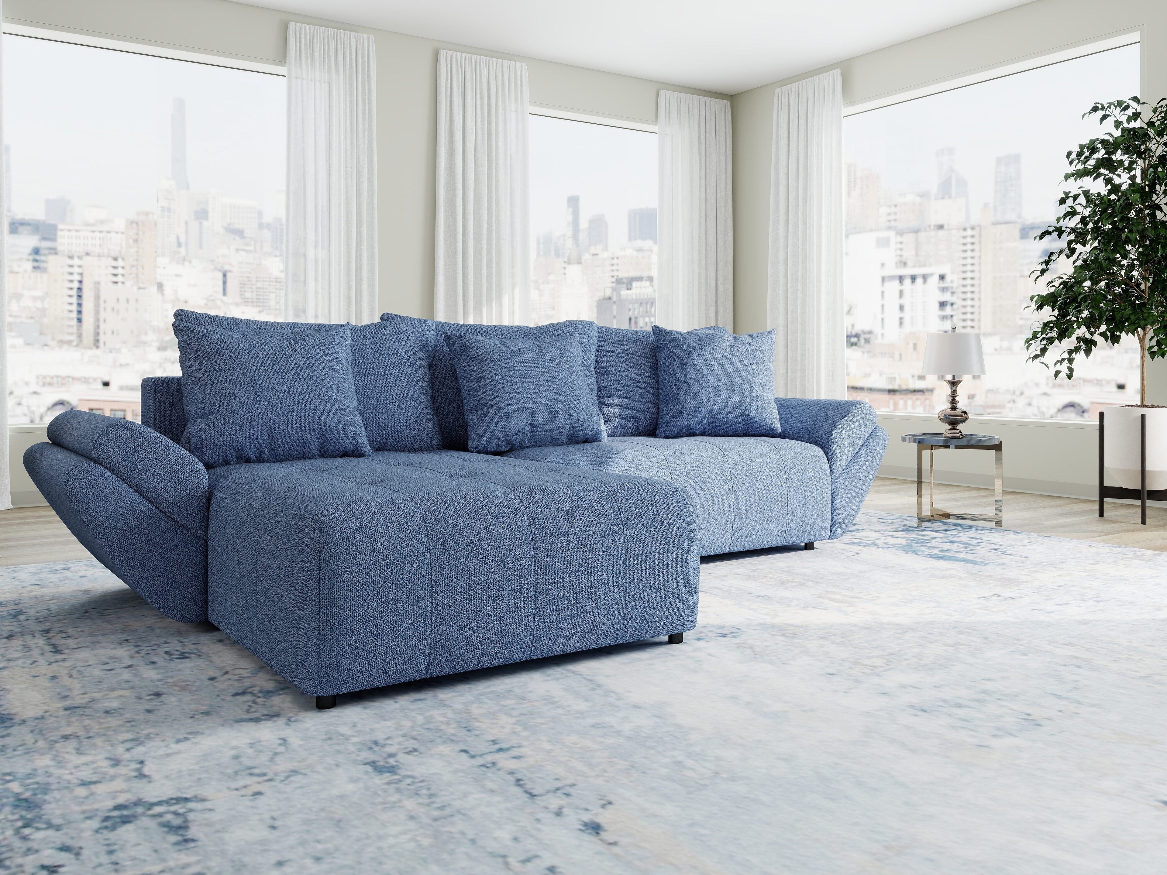 Colțar extensibil dumonde cu ladă de depozitare si sezut confortabil din spuma high-density, Berlin Enjoy Albastru 280x185 cm