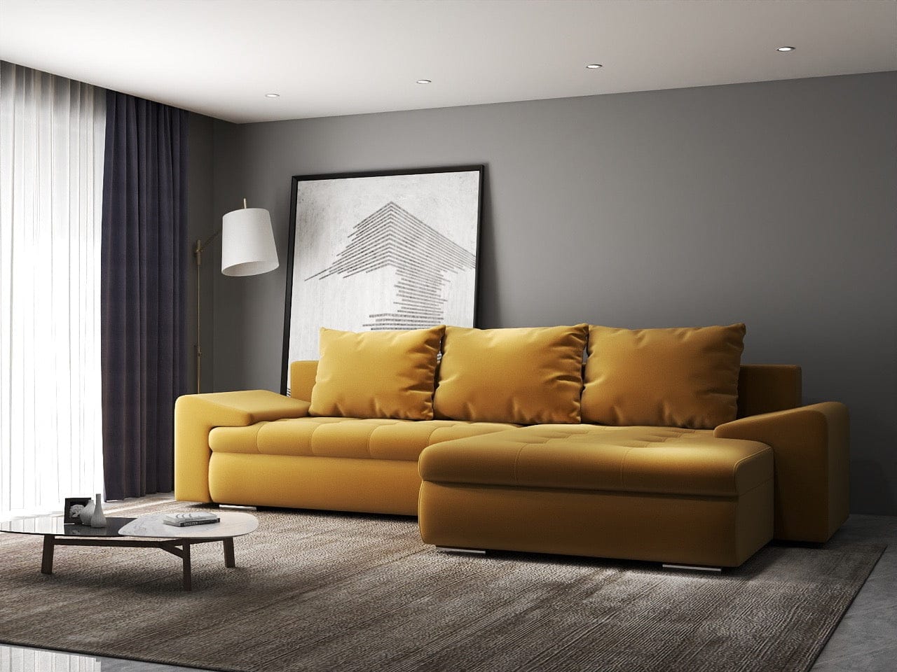 Colțar extensibil dumonde cu ladă de depozitare si sezut confortabil din spuma high-density, Leonardo Royal Mustar 260x185 cm II