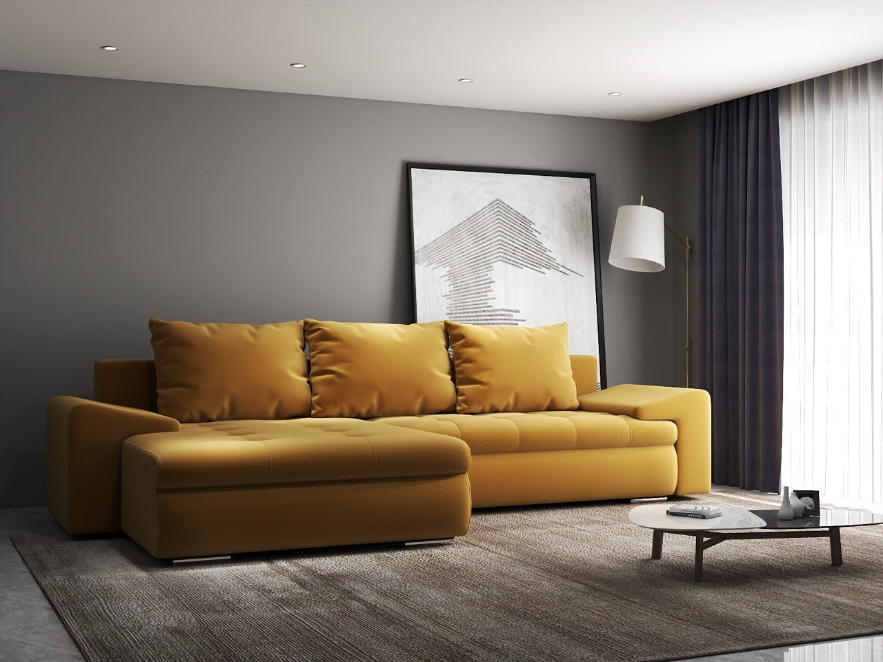 Colțar extensibil dumonde cu ladă de depozitare si sezut confortabil din spuma high-density, Leonardo Royal Mustar 260x185 cm