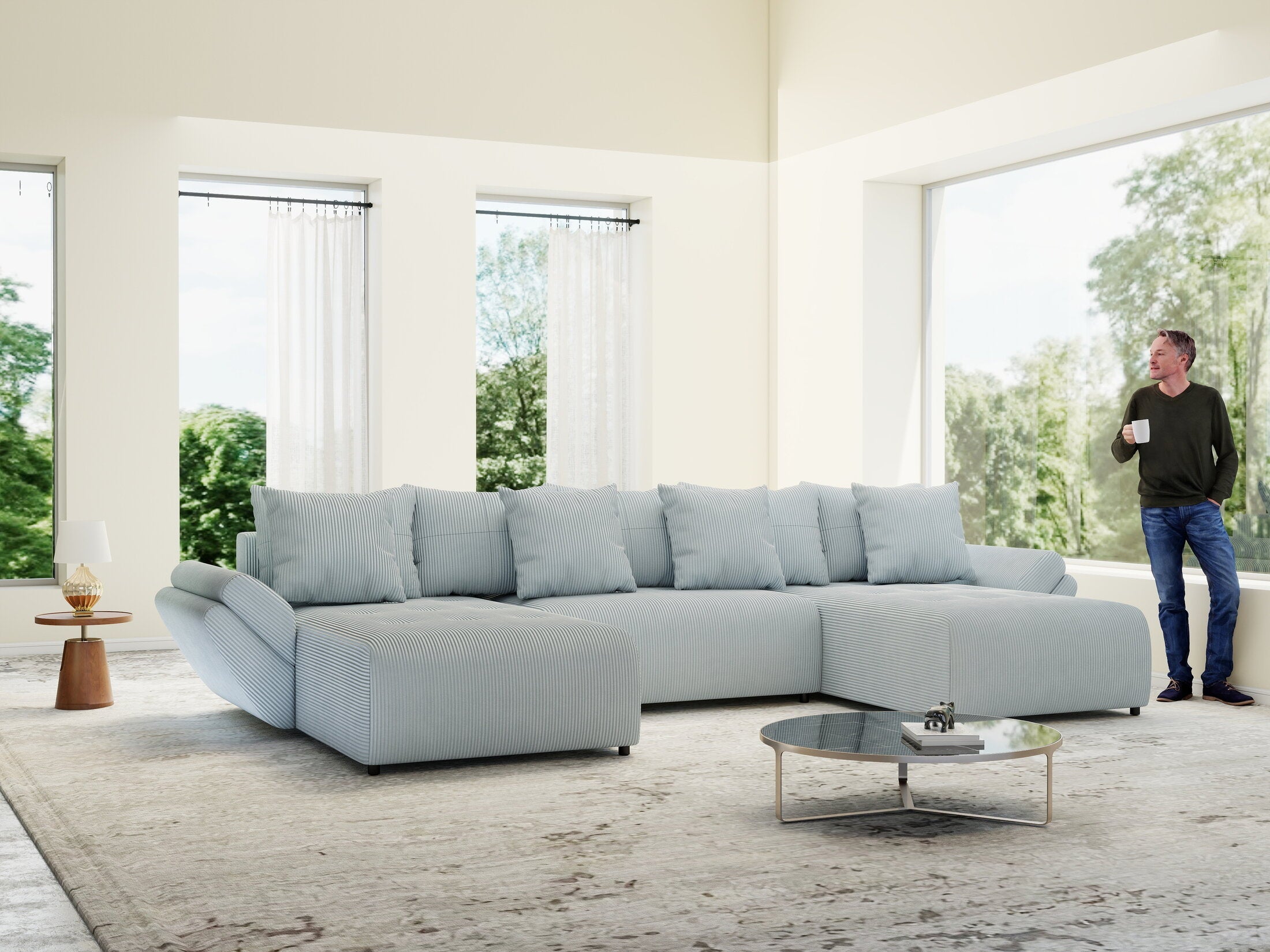 Colțar extensibil dumonde cu ladă de depozitare si sezut confortabil din spuma high-density, Berlin U Zoom GREY 380x180 cm